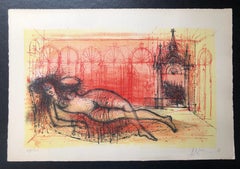 Lithographie moderniste française Carzou couleur chair de harem rouge vif L'Odalisque