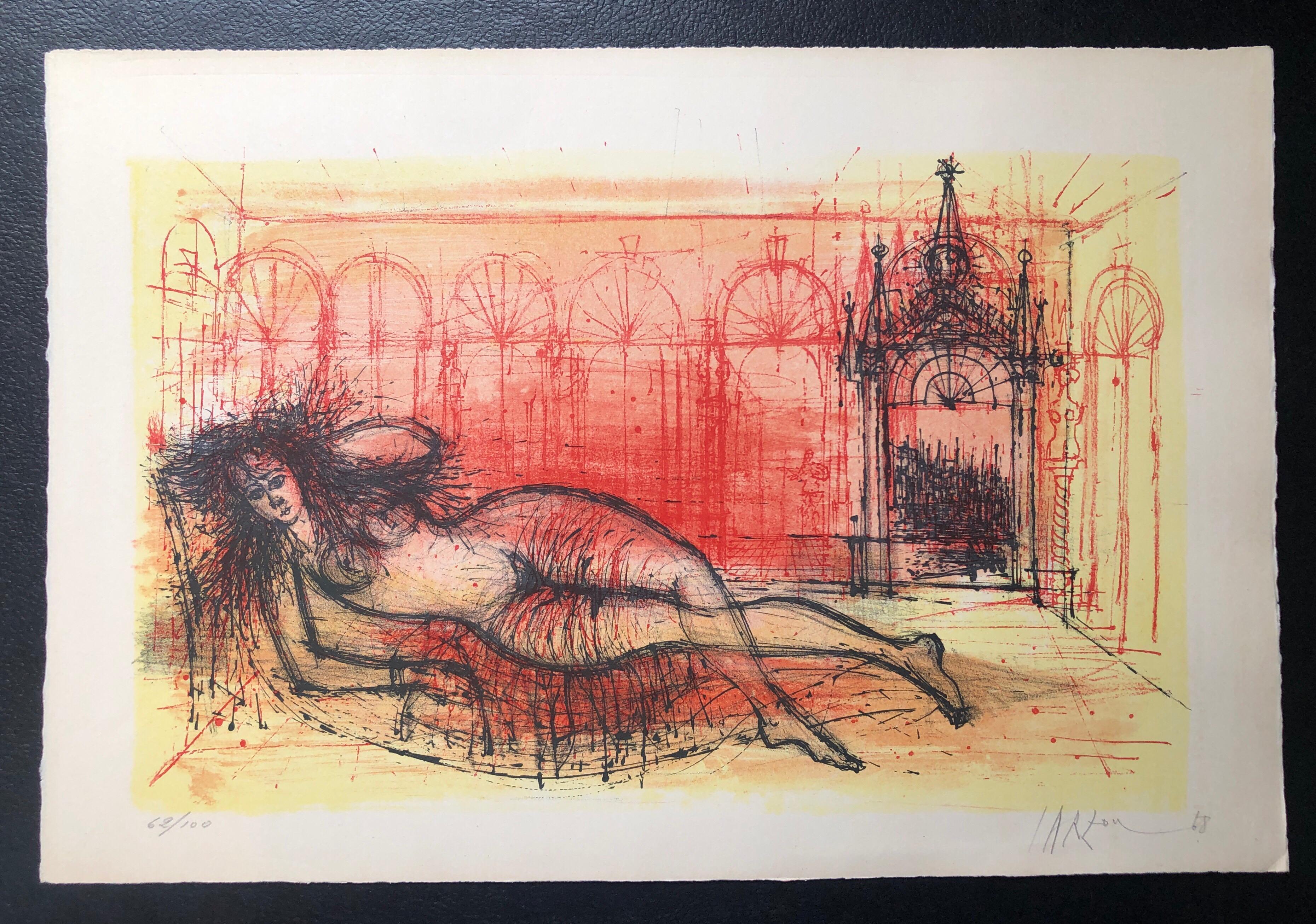 Jean Carzou Abstract Print – Carzou Französische modernistische Farblithographie „Harem Nude L'Odalisque“, lebhaftes Rot, Carzou