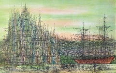Carzou French Modernist Color Lithograph Paris Cathedral Architecture with Boat