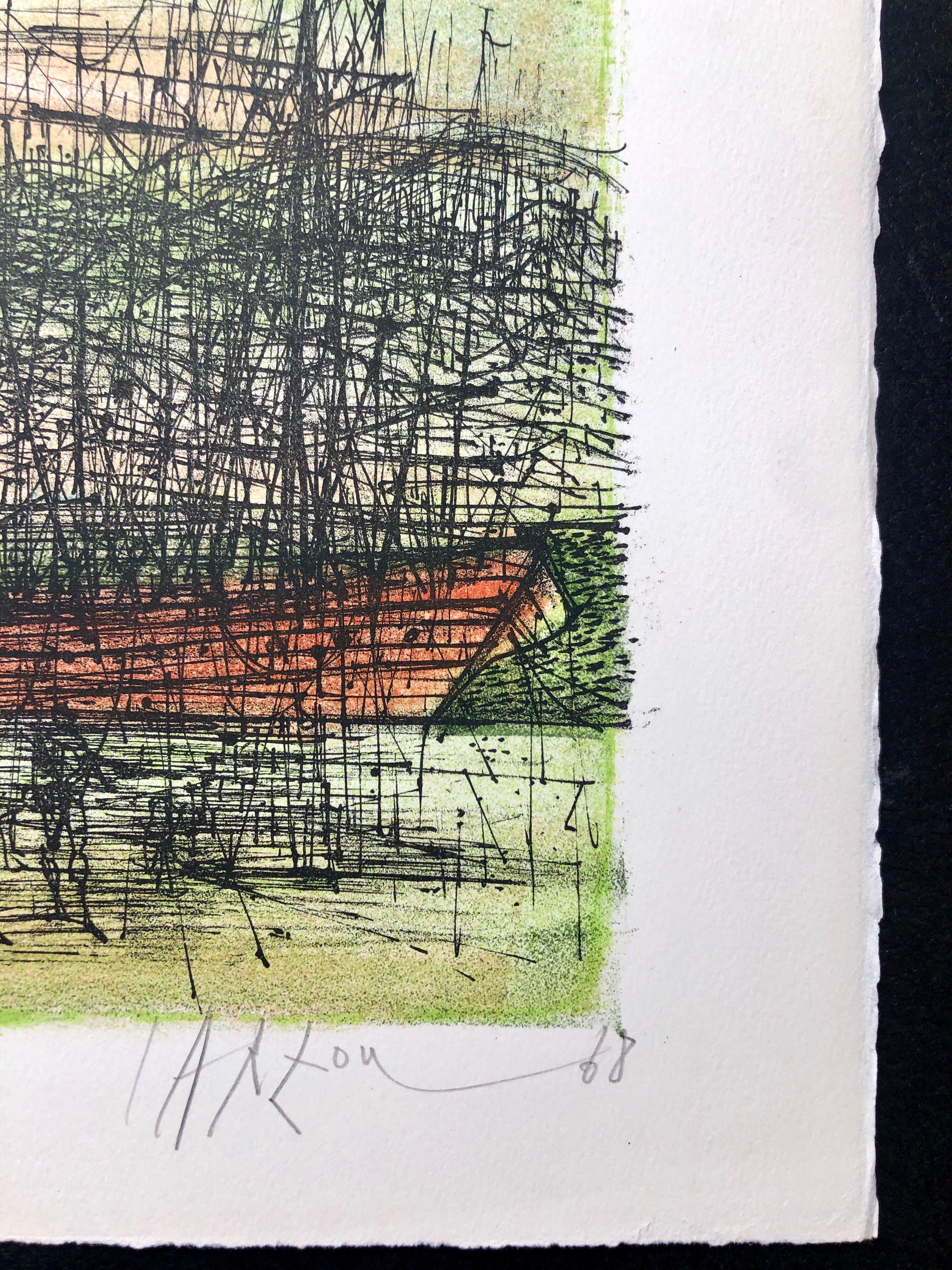 This is a hand signed in pencil, vintage, limited edition lithograph modern art print, printed in Switzerland on Rives French art paper in 1968. in shades of red, orange, green, yellow.
Jean Carzou (Armenian: Ժան Գառզու, 1 January 1907 – 12 August
