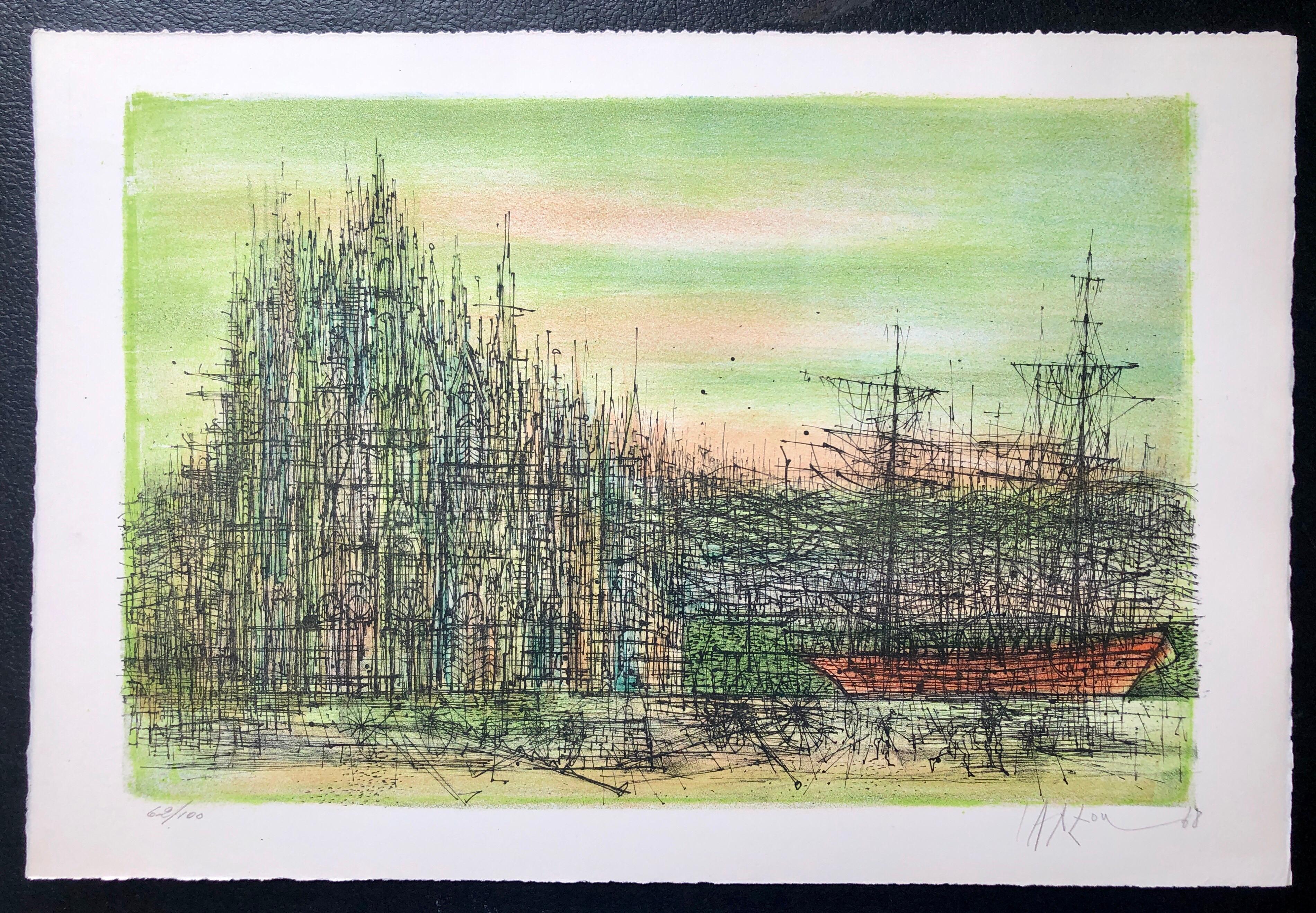 Carzou French Modernist Color Lithograph Paris Cathedral Architecture with Boat For Sale 3