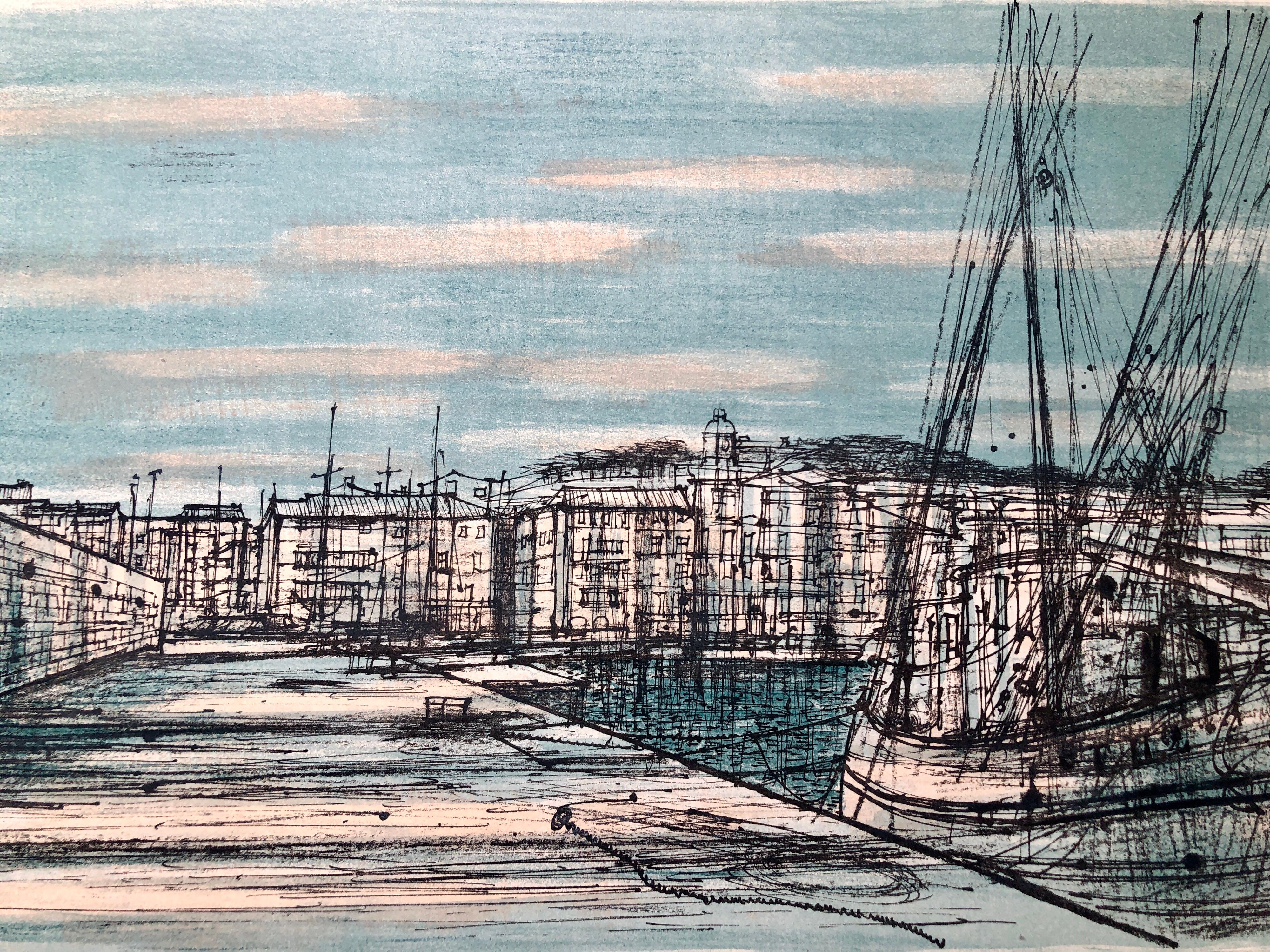 Lithographie moderniste française en couleur du port de Saint Tropez avec bateaux - Print de Jean Carzou