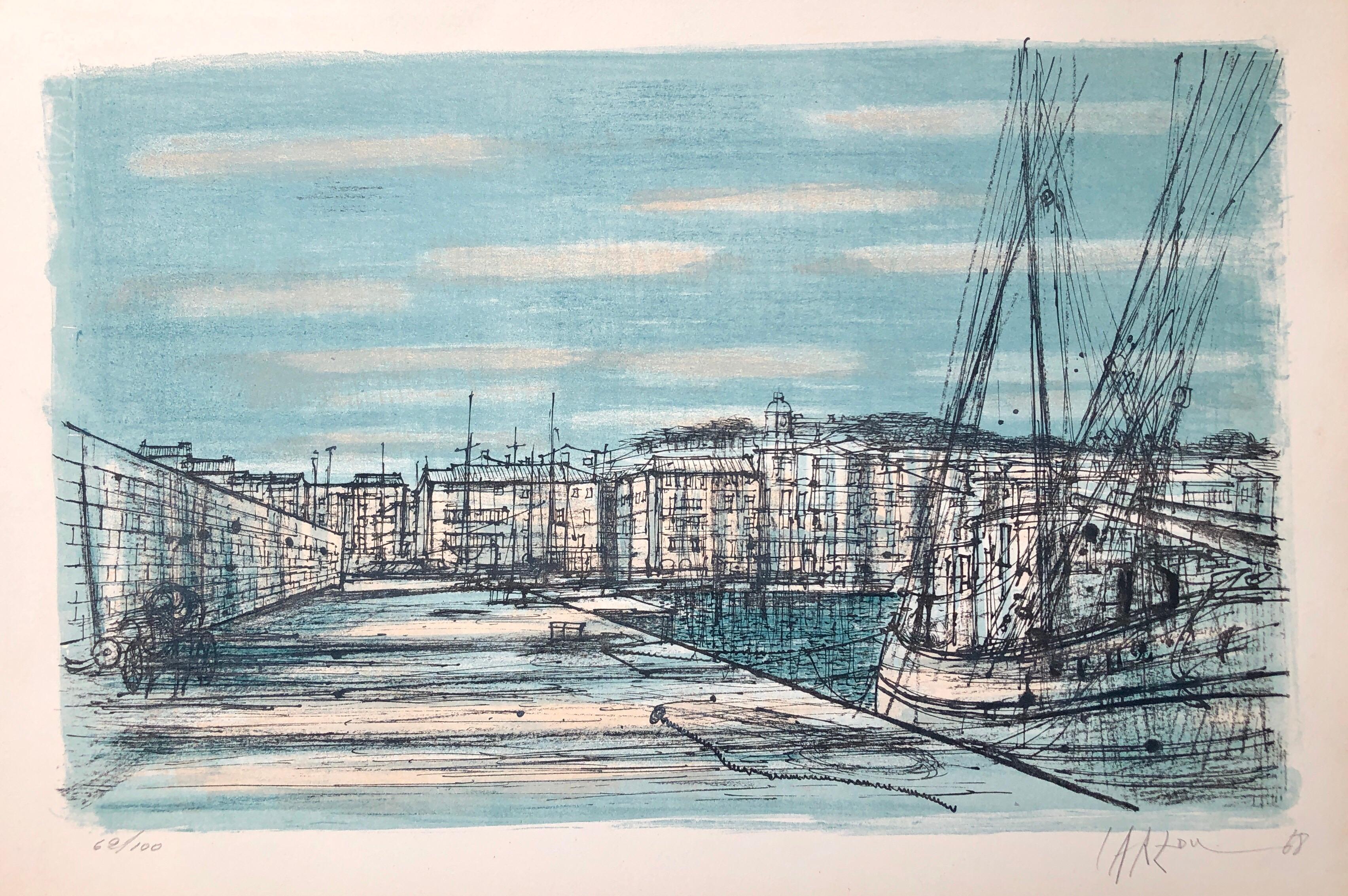 This is a hand signed in pencil, vintage, limited edition lithograph modern art print, printed in Switzerland on Rives French art paper in 1968. in shades of sea blue, black and green. It depicts the fames French Riviera resort town of St.