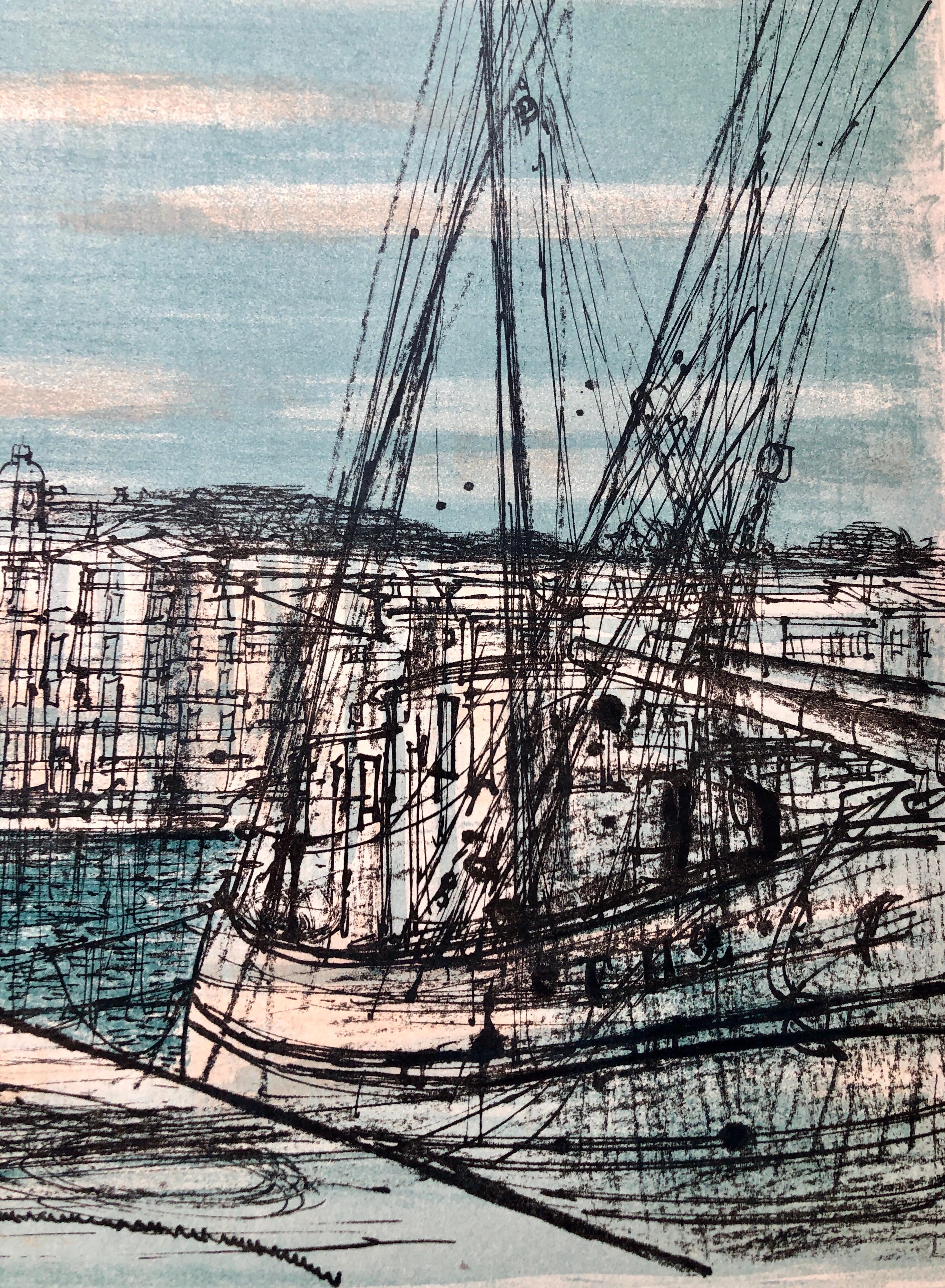 Il s'agit d'une lithographie d'art moderne vintage, signée au crayon, en édition limitée, imprimée en Suisse sur du papier d'art français Rives en 1968. Dans les tons de bleu de mer, noir et vert. Elle représente la célèbre station balnéaire de St.