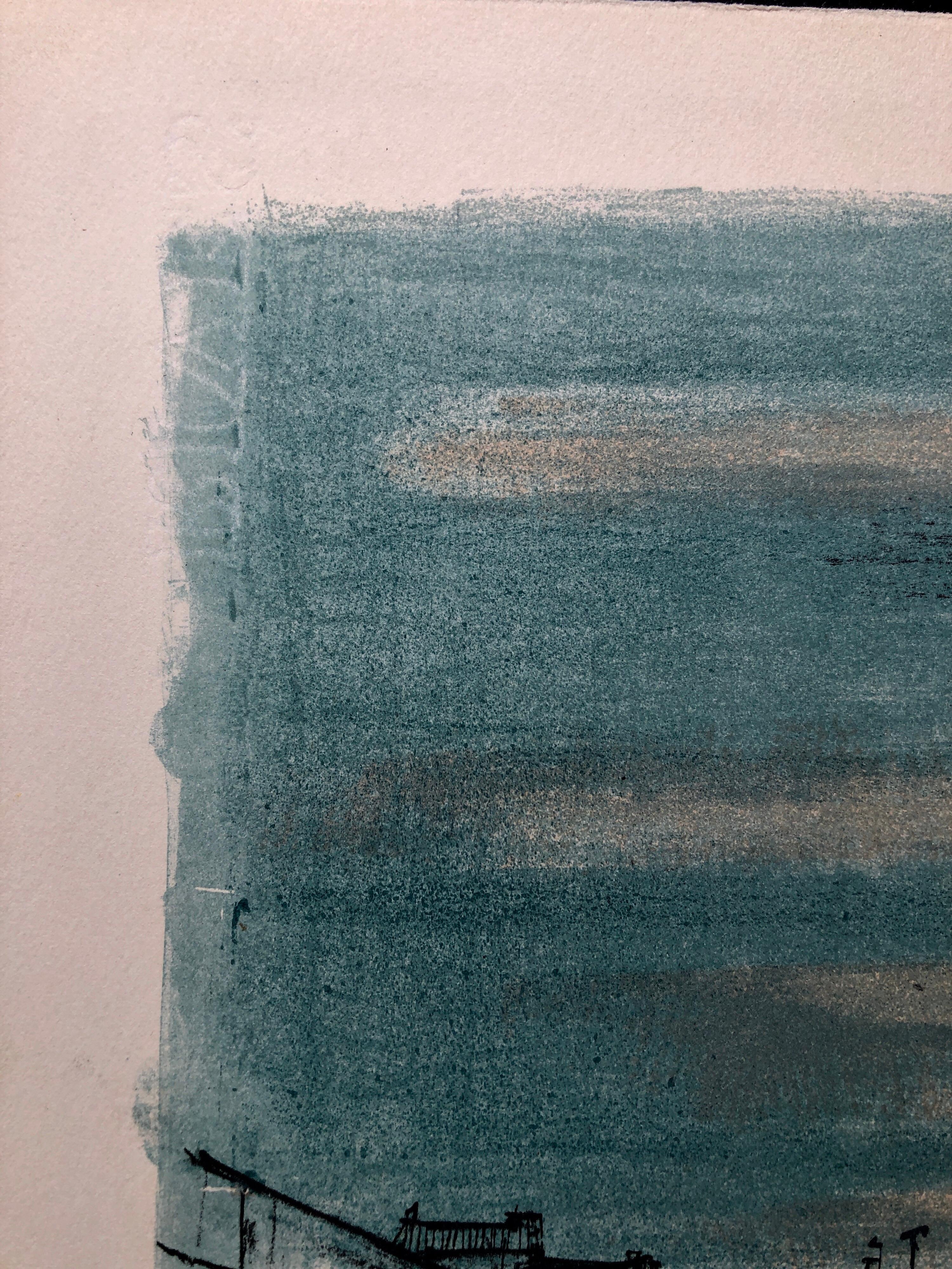 This is a hand signed in pencil, vintage, limited edition lithograph modern art print, printed in Switzerland on Rives French art paper in 1968. in shades of sea blue, black and green. It depicts the fames French Riviera resort town of St.