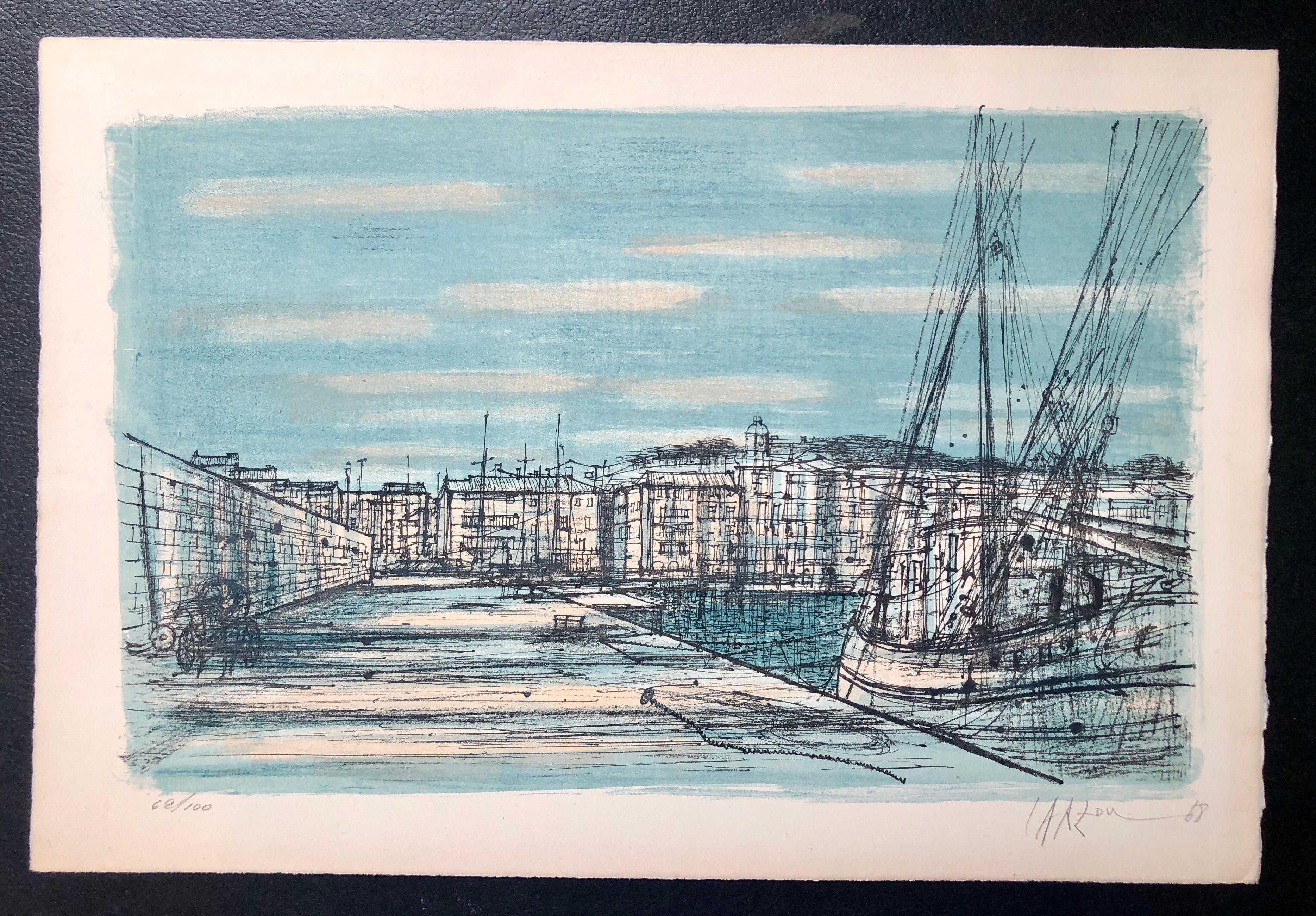 Abstract Print Jean Carzou - Lithographie moderniste française en couleur du port de Saint Tropez avec bateaux