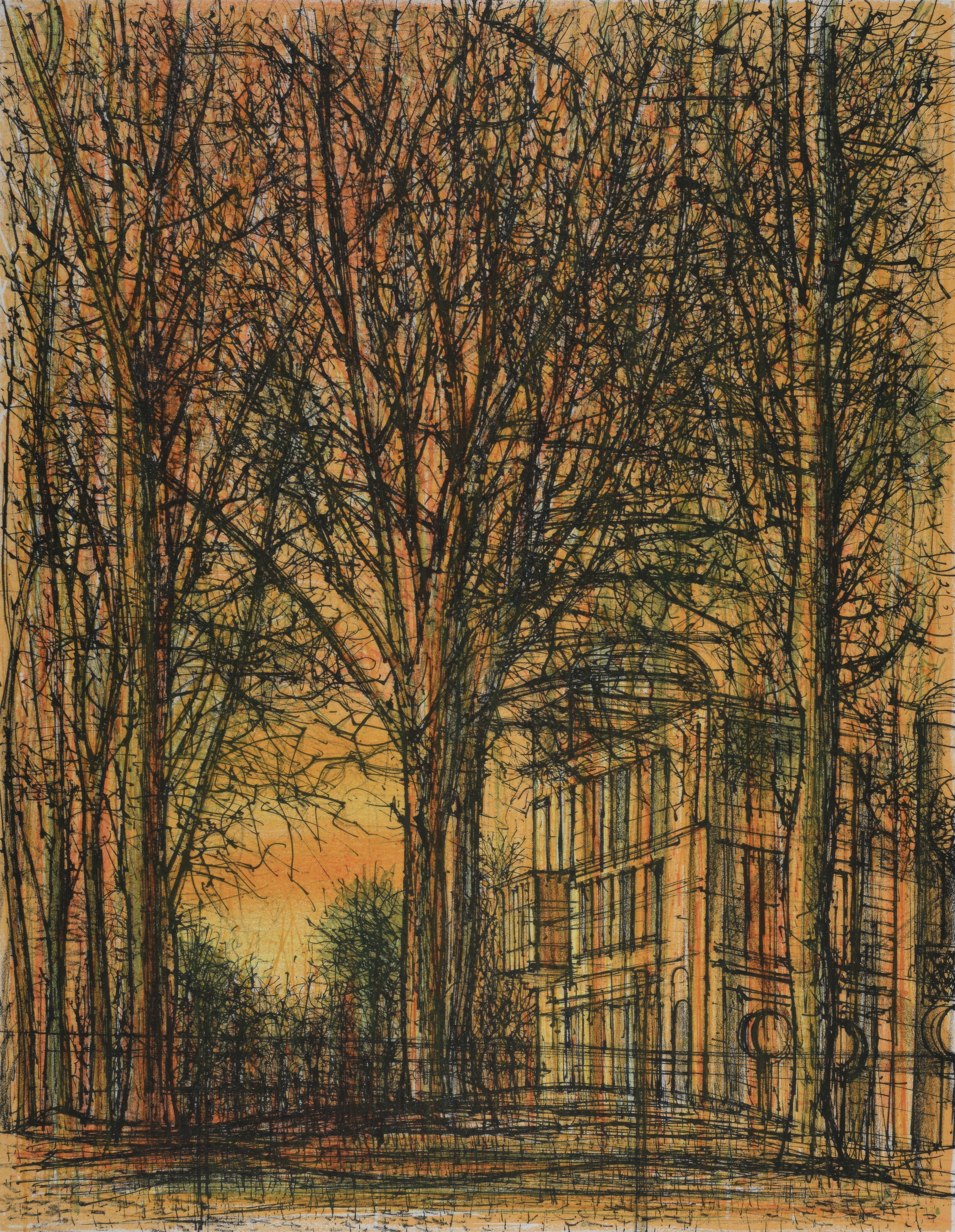 This exquisite lithograph by Jean Carzou (1907–2000), titled La Maison dans les arbres (The House in the Trees), from Regards Sur Paris (Views of Paris), originates from the January 22, 1963 issue published by Andre Sauret, Editeur, Paris, and