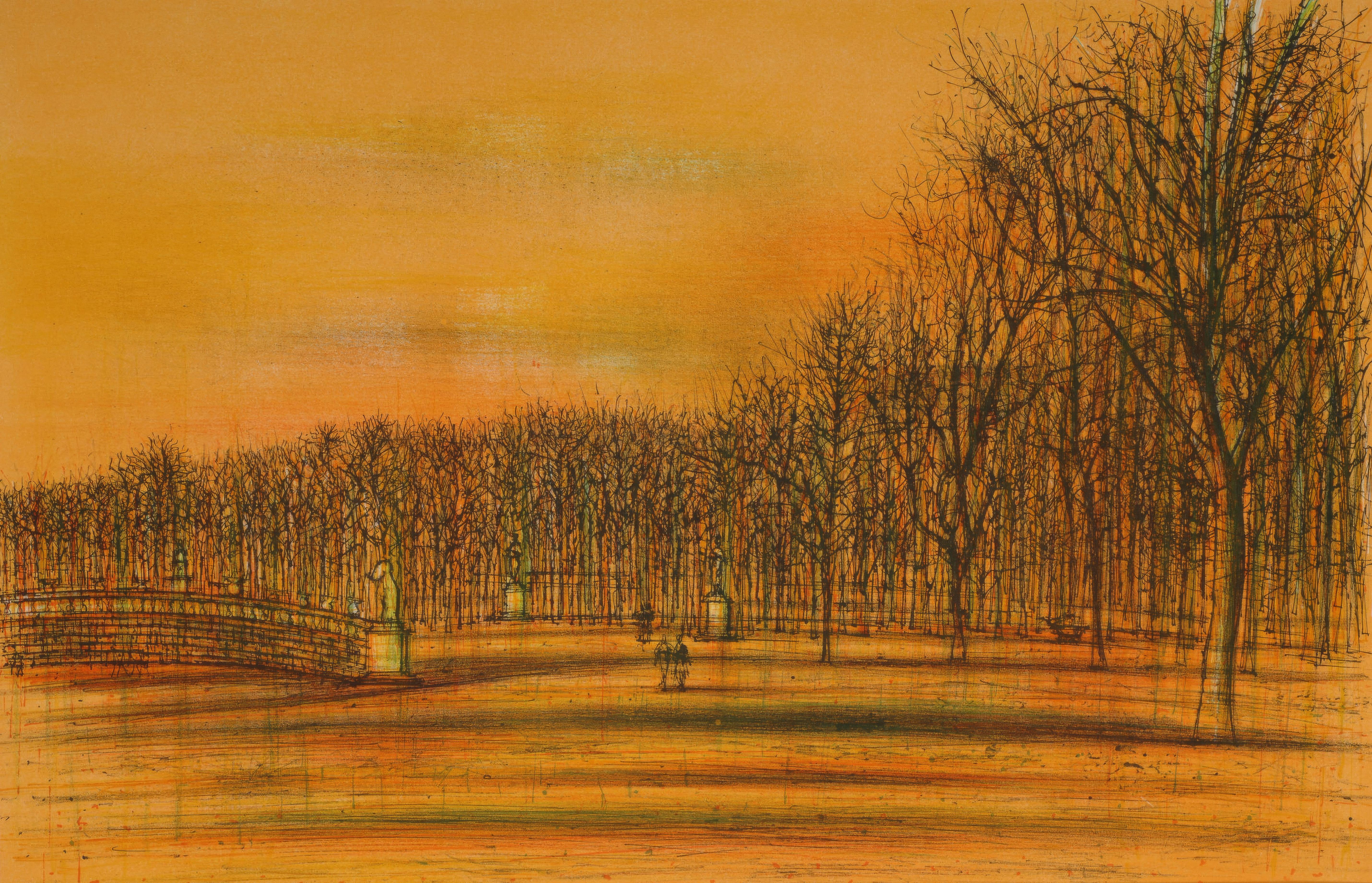 This exquisite lithograph by Jean Carzou (1907–2000), titled Les Tuileries (The Tuileries), from Regards Sur Paris (Views of Paris), originates from the January 22, 1963 issue published by Andre Sauret, Editeur, Paris, and printed by Mourlot Freres,