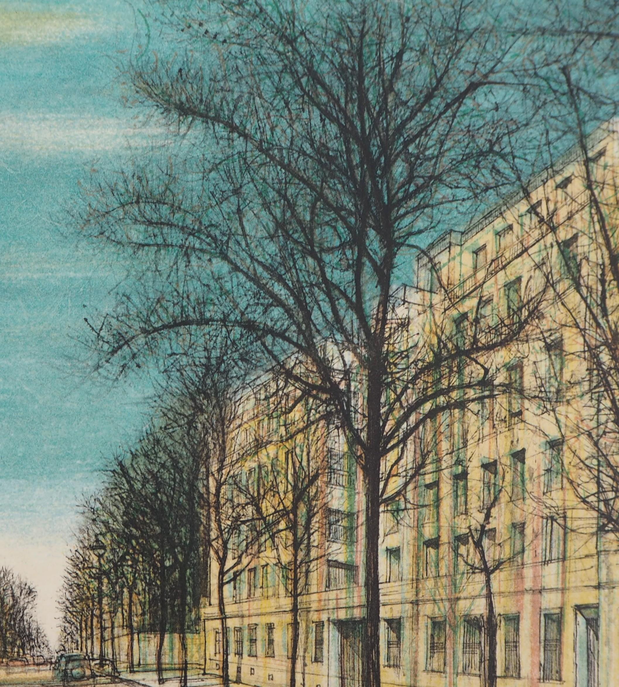 Paris: Boulevard des Invalides - Original Handsigned Lithograph, 1958 - Gray Landscape Print by Jean Carzou