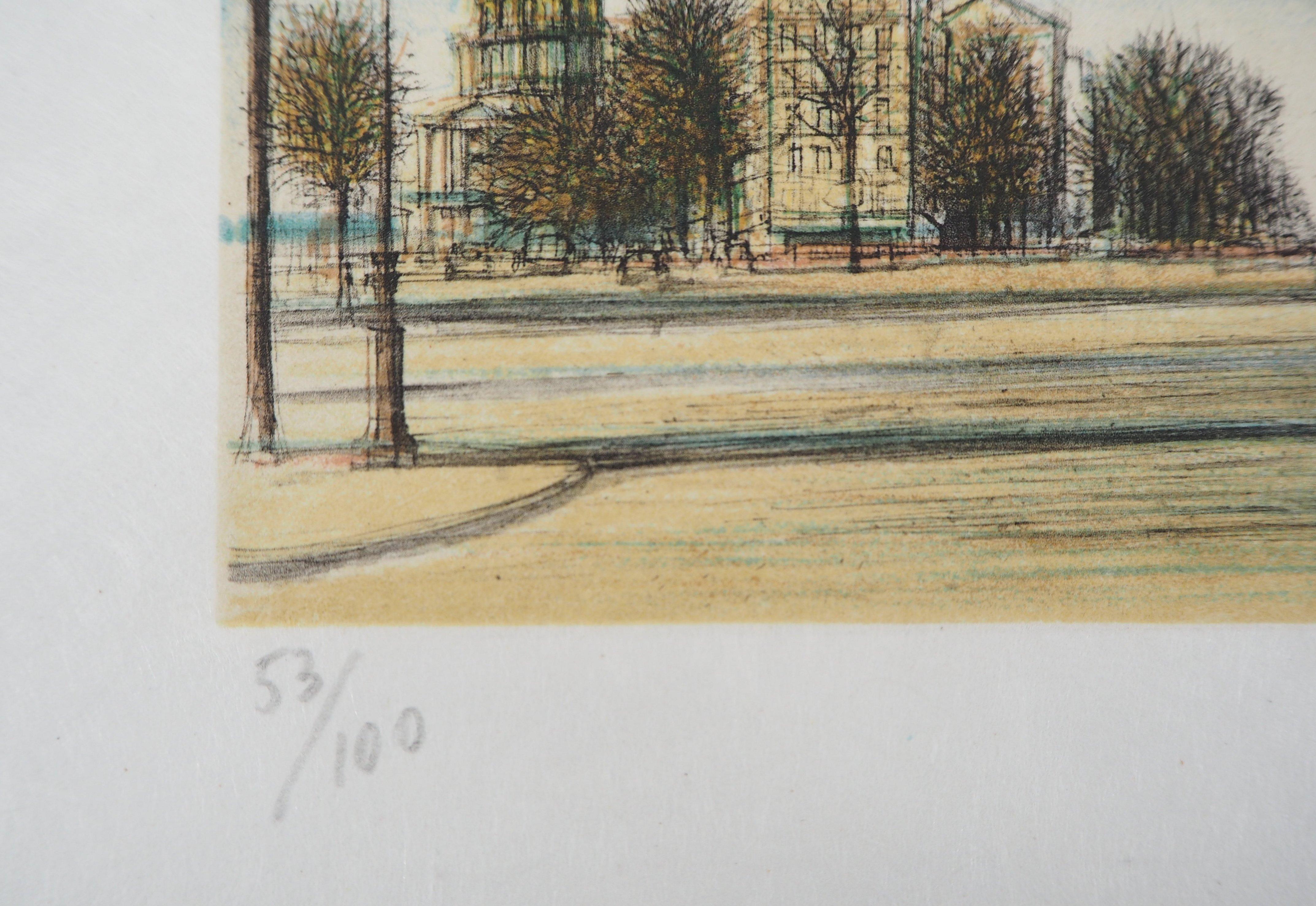 París: Boulevard des Invalides - Litografía original firmada a mano, 1958 en venta 2