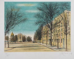 Paris : Boulevard des Invalides - Lithographie originale signée à la main, 1958