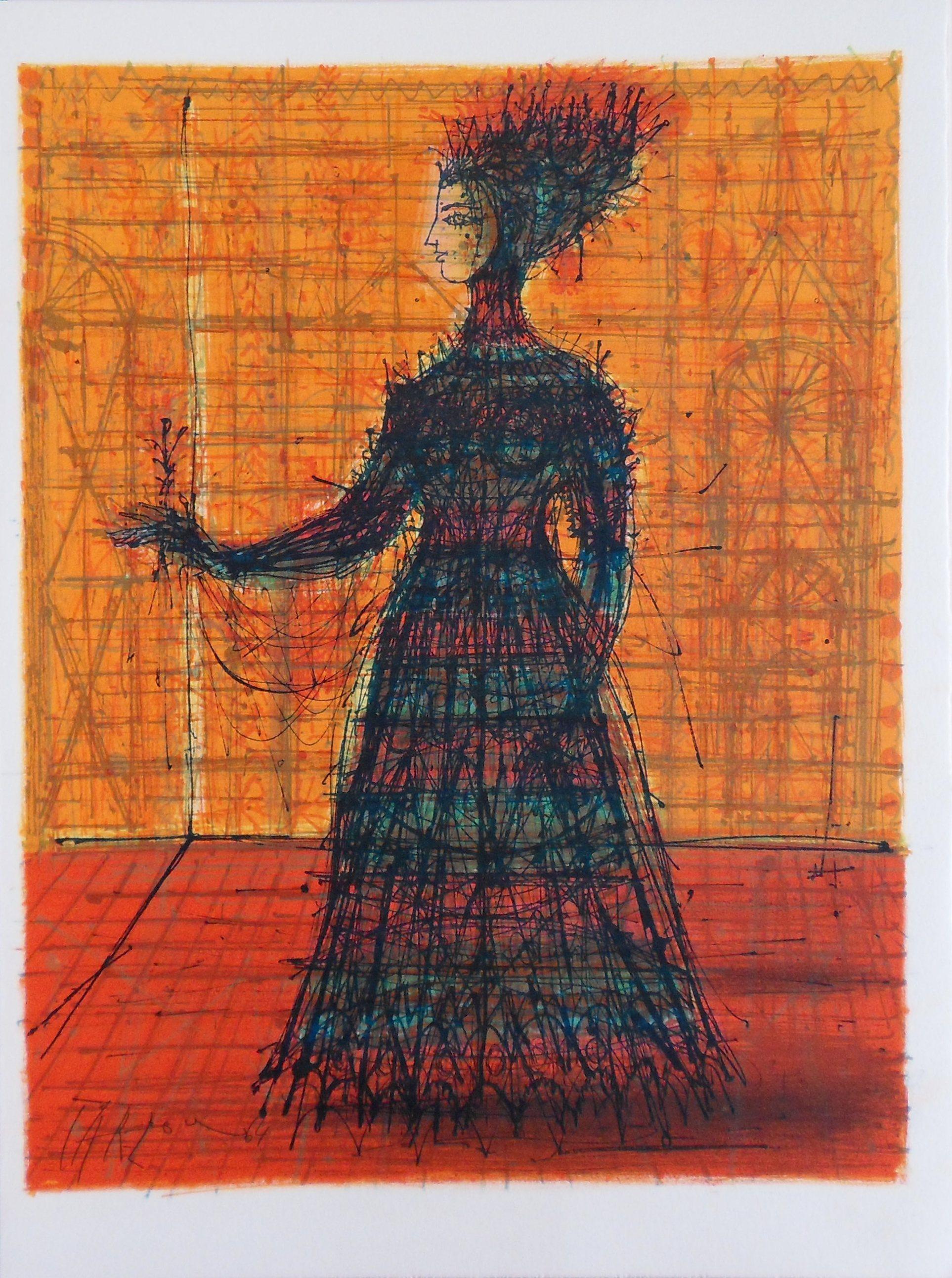 Jean Carzou Figurative Print - Woman with a Rose - Stone lithograph - Mourlot 1965