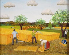 Harvest Time - Mid 20th Century French Naïf Landscape Oil on Canvas Painting