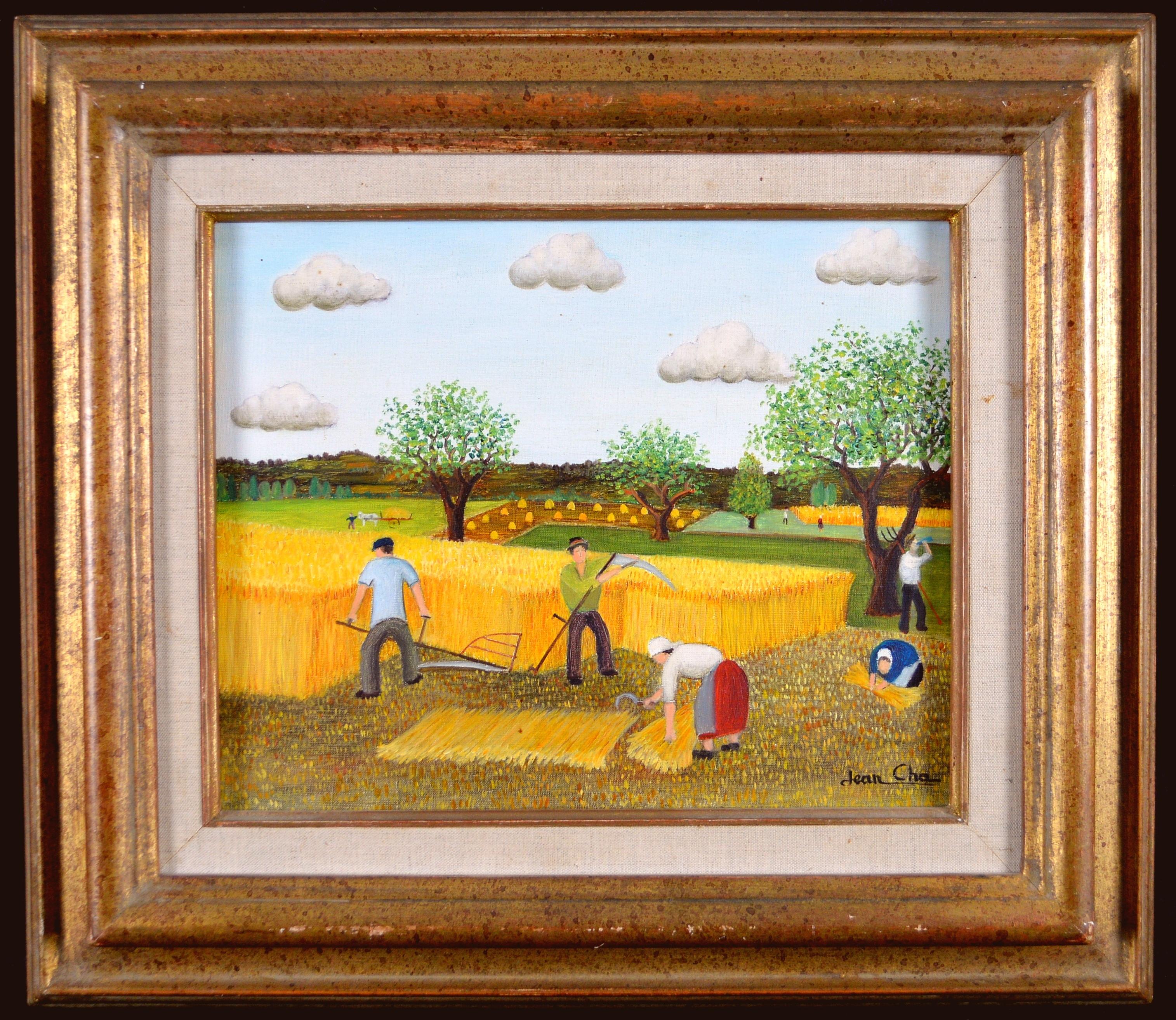 Harvest Time - Mid 20th Century French Naïf Landscape Oil on Canvas Painting