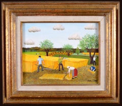 Harvest Time - Mid 20th Century French Naïf Landscape Oil on Canvas Painting