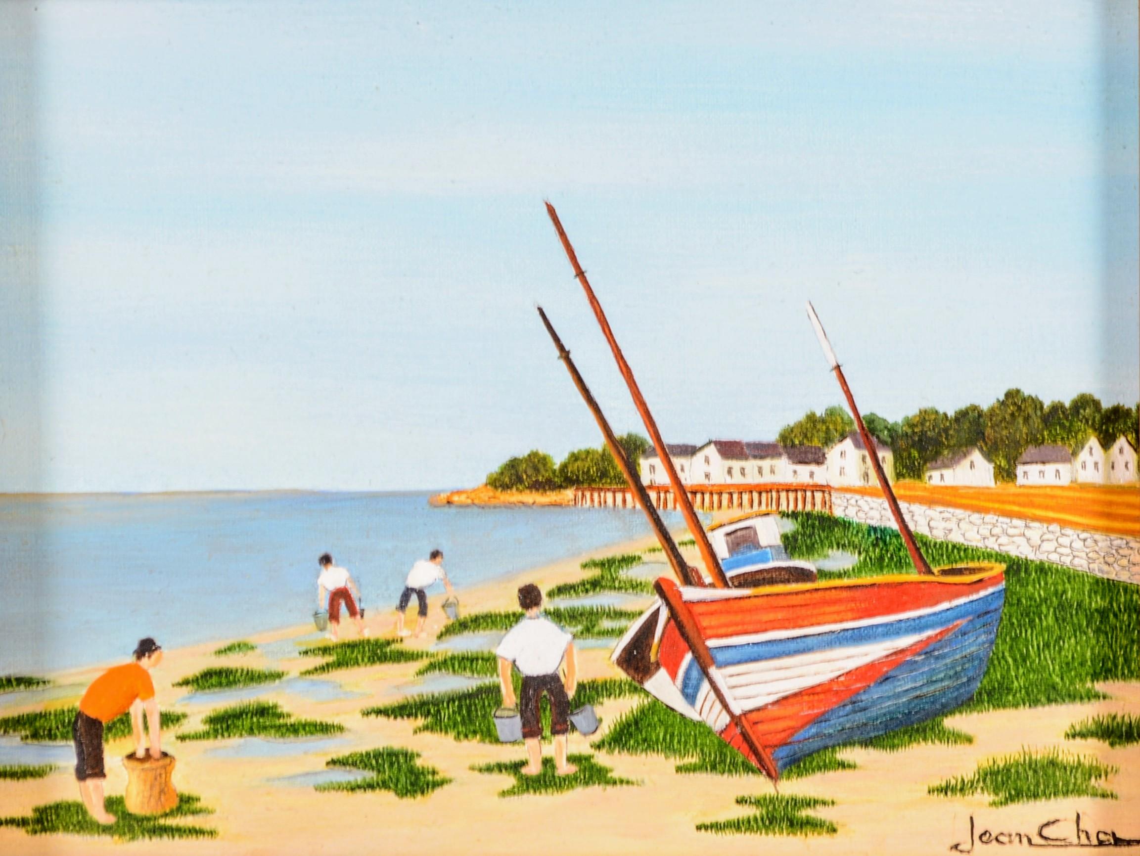 La Peche aux Coques - Mid 20th Century French Naïf Beach Landscape Oil Painting - Beige Landscape Painting by Jean Cha