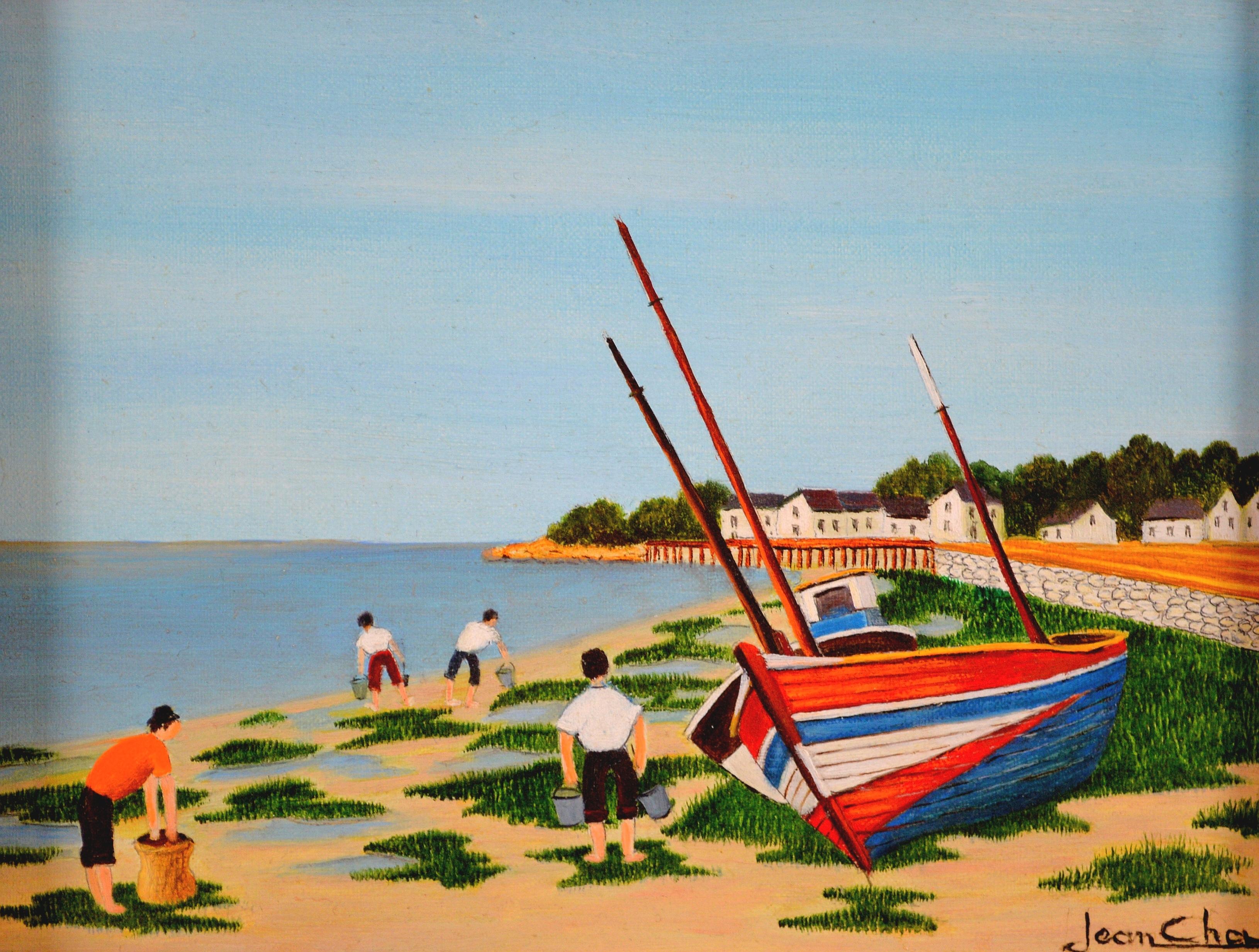 La Peche aux Coques - Mitte des 20. Jahrhunderts Französisch Naïf Strand Landschaft Ölgemälde – Painting von Jean Cha