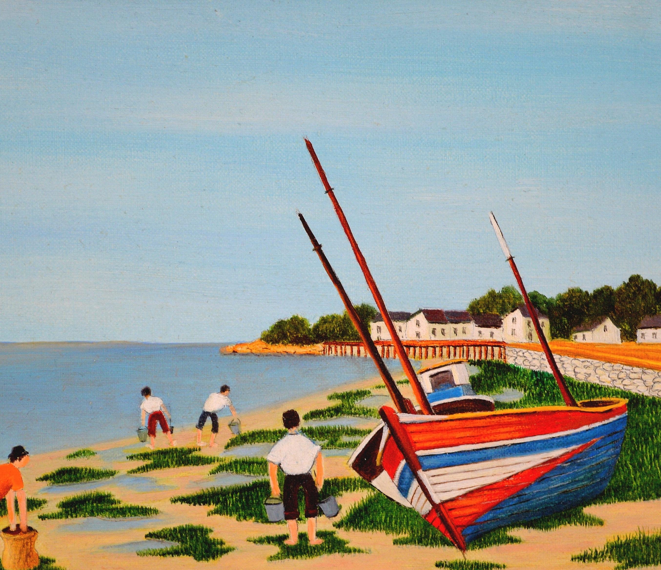 La Peche aux Coques - Mitte des 20. Jahrhunderts Französisch Naïf Strand Landschaft Ölgemälde (Beige), Landscape Painting, von Jean Cha