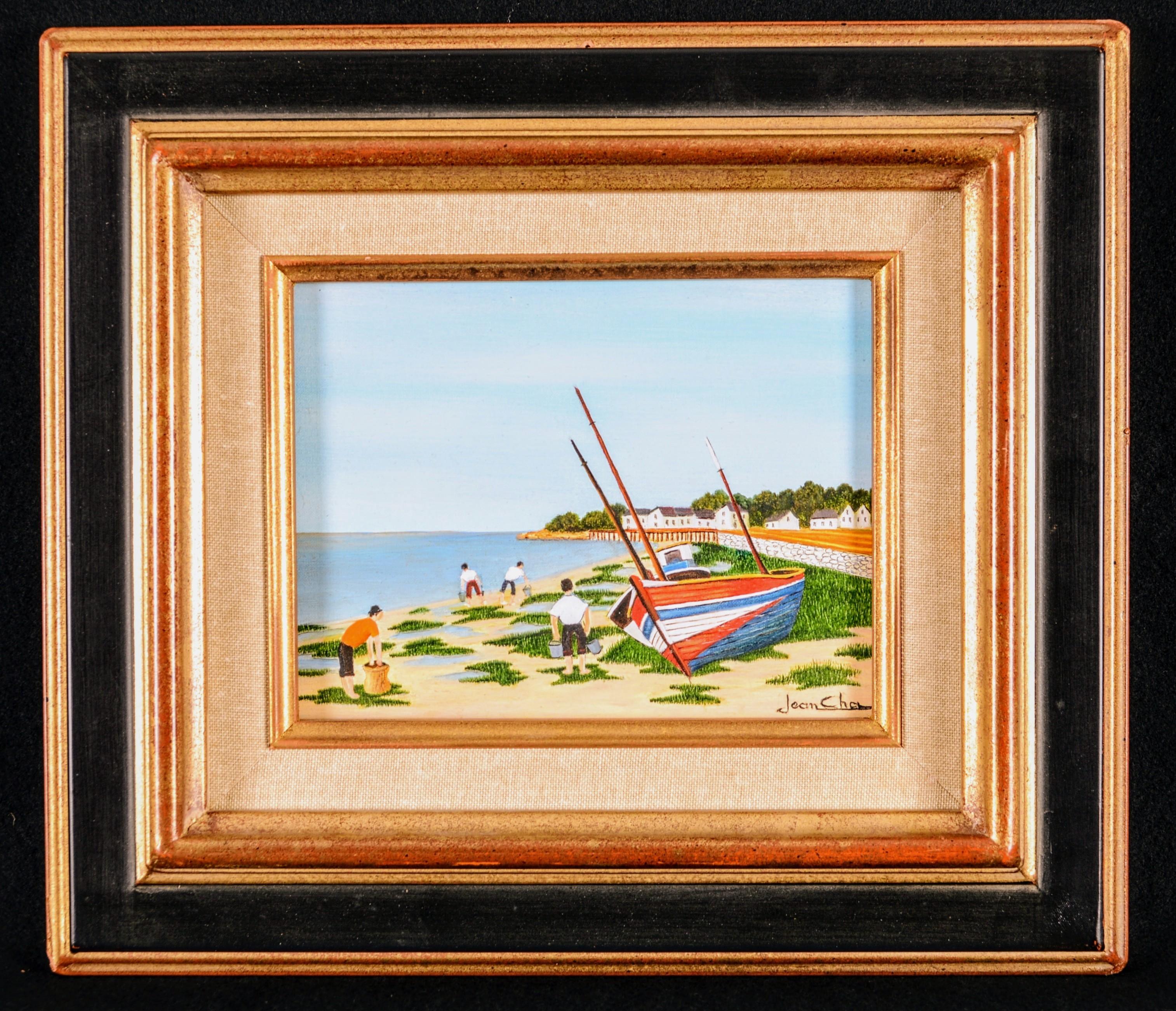 Jean Cha Landscape Painting - La Peche aux Coques - Mid 20th Century French Naïf Beach Landscape Oil Painting