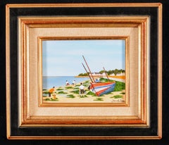 La Peche aux Coques - Mid 20th Century French Naïf Beach Landscape Oil Painting
