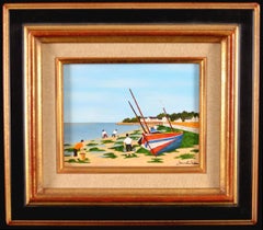 La Peche aux Coques - Mid 20th Century French Naïf Beach Landscape Oil Painting