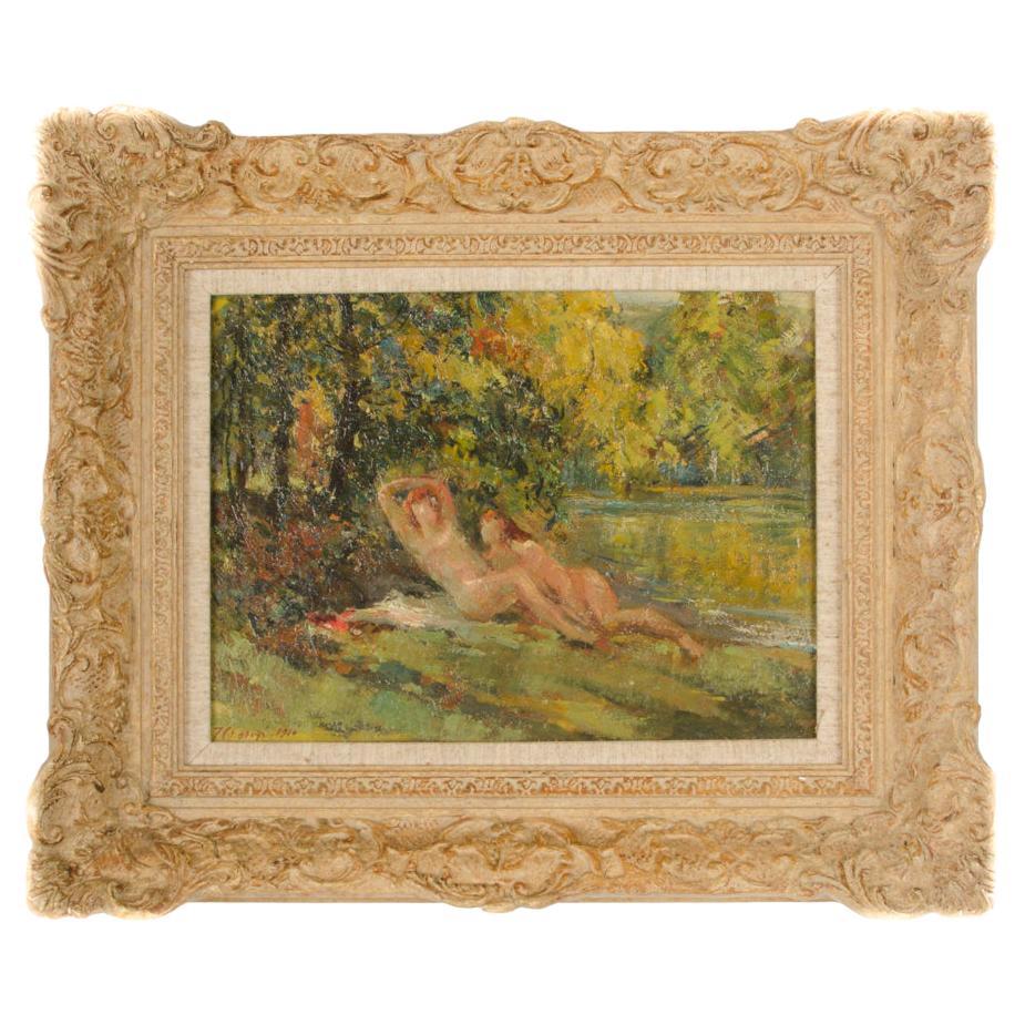 Peinture à l'huile « River Nymphs » de Jean Chaleye (Français, né en 1878 - mort en 1960)