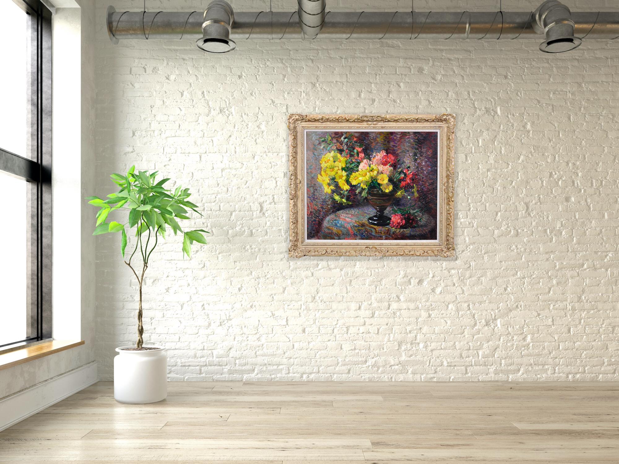 Carnations & Marigolds.Still Life.Impressionistic Pointillism.Original Painting For Sale 11