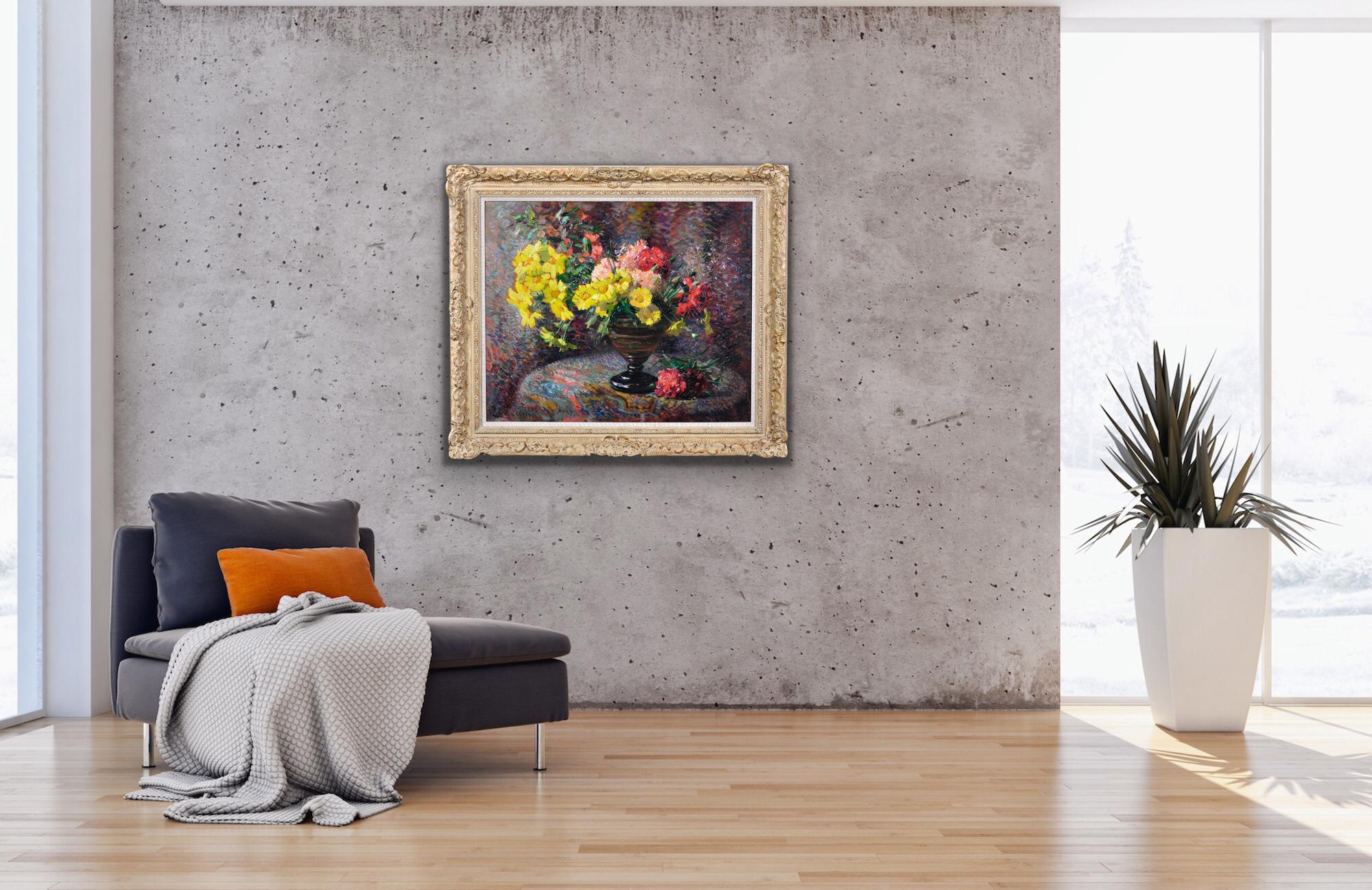 Carnations & Marigolds Framed Post Impressionist French Still Life Oil Painting For Sale 8