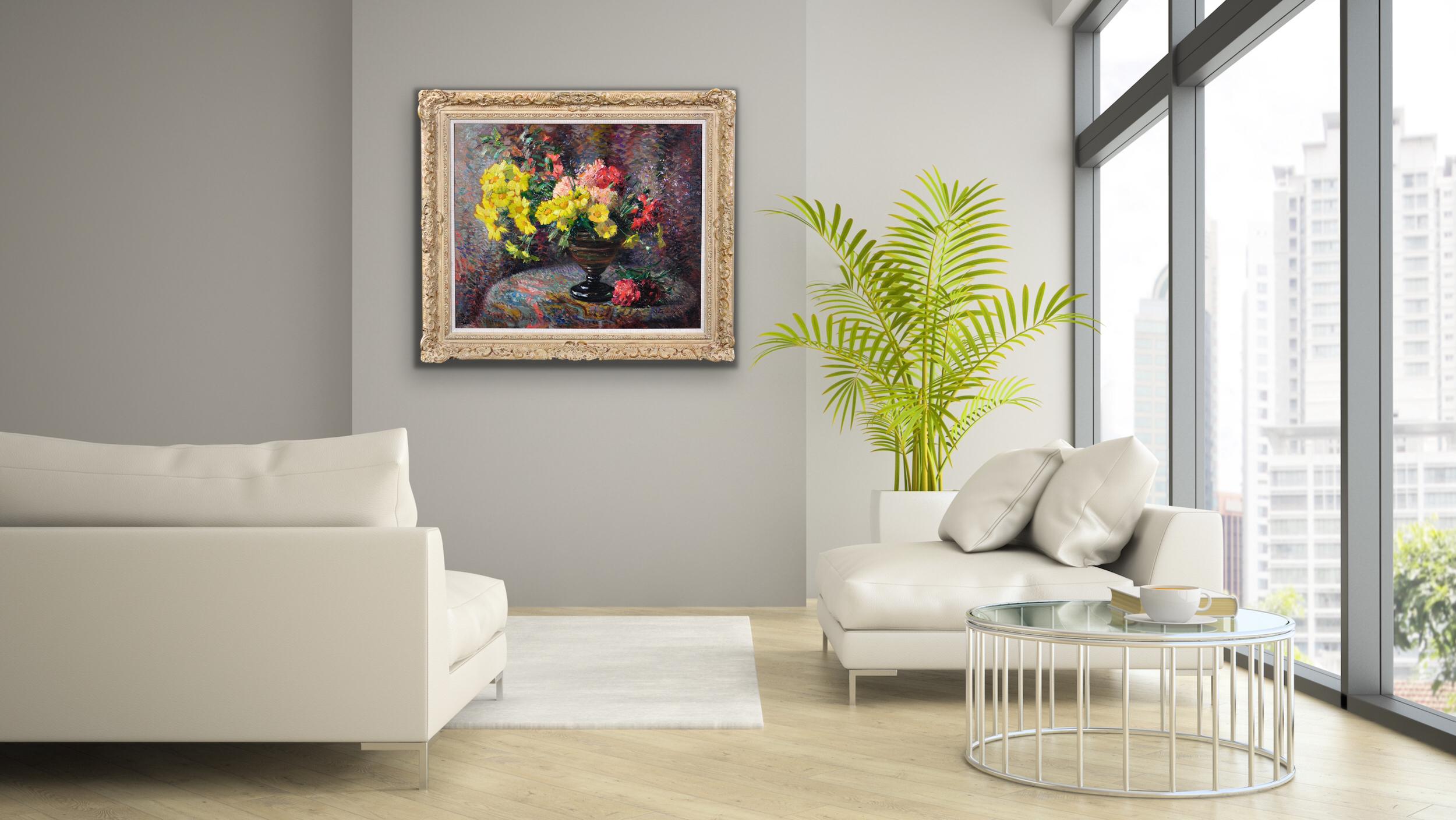 Carnations & Marigolds.Still Life.Impressionistic Pointillism.Original Painting For Sale 3