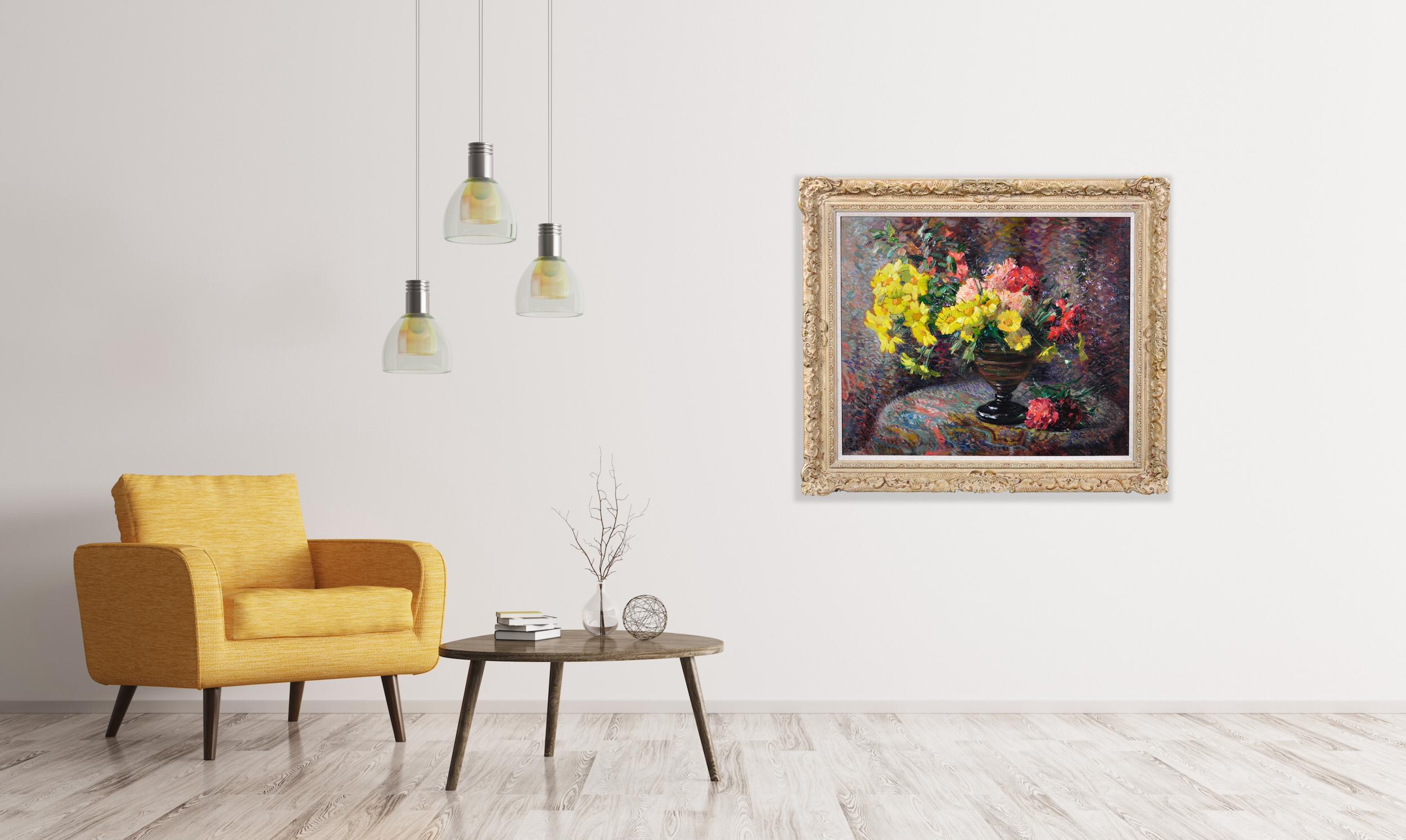 Carnations & Marigolds.Still Life.Impressionistic Pointillism.Original Painting For Sale 4