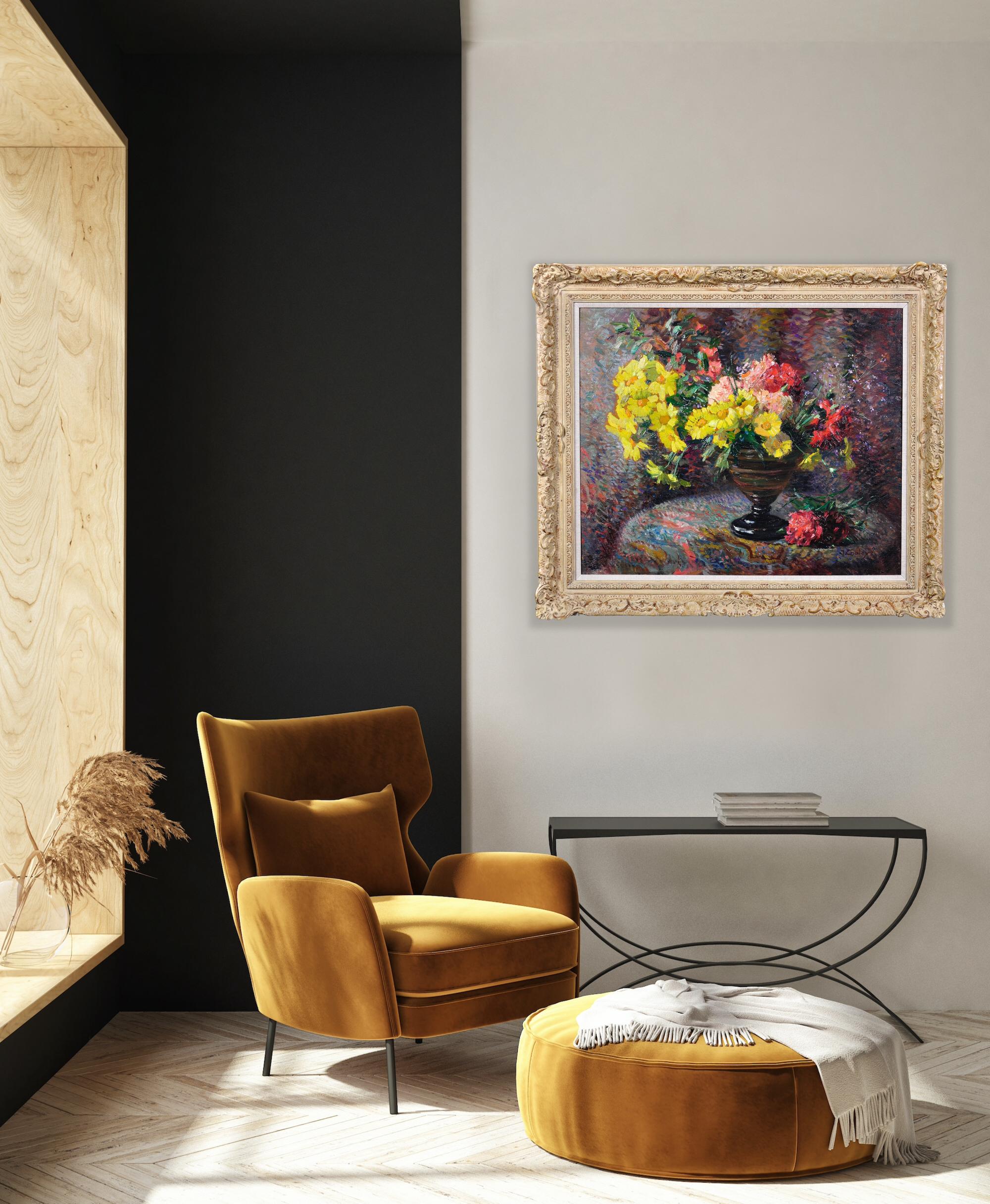 Carnations & Marigolds.Still Life.Impressionistic Pointillism.Original Painting For Sale 5