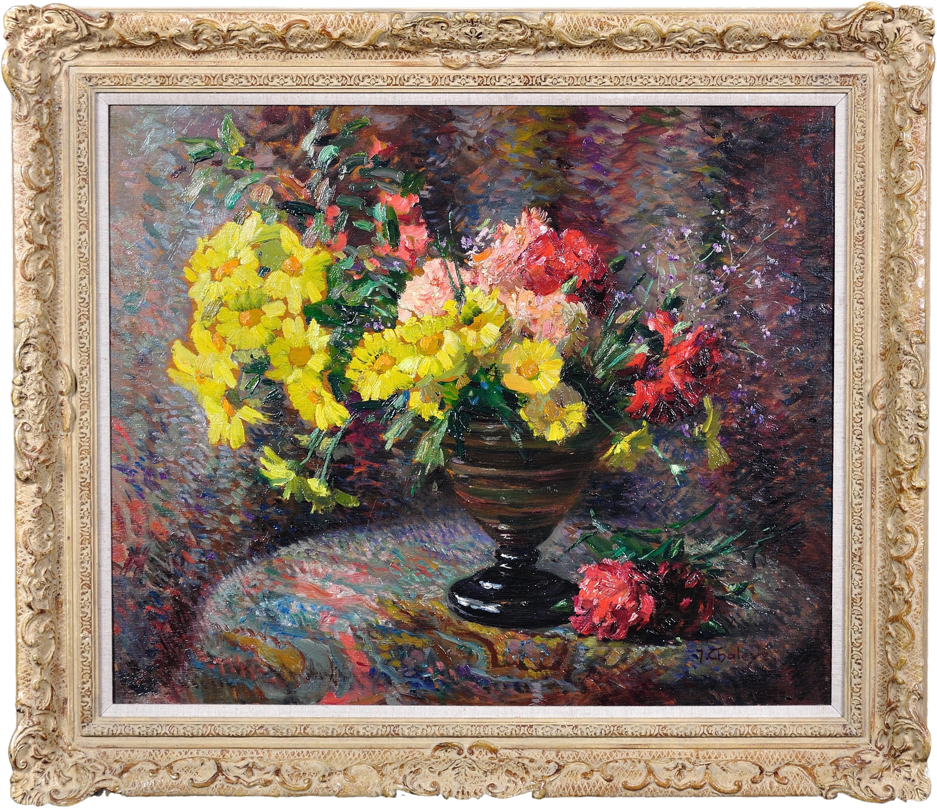 Jean Chaleye Still-Life Painting - Carnations & Marigolds Framed Post Impressionist French Still Life Oil Painting