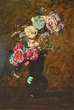 "Roses aux Marguerites, " Jean Chaleye, Impressionist Flowers and Vase Still Life