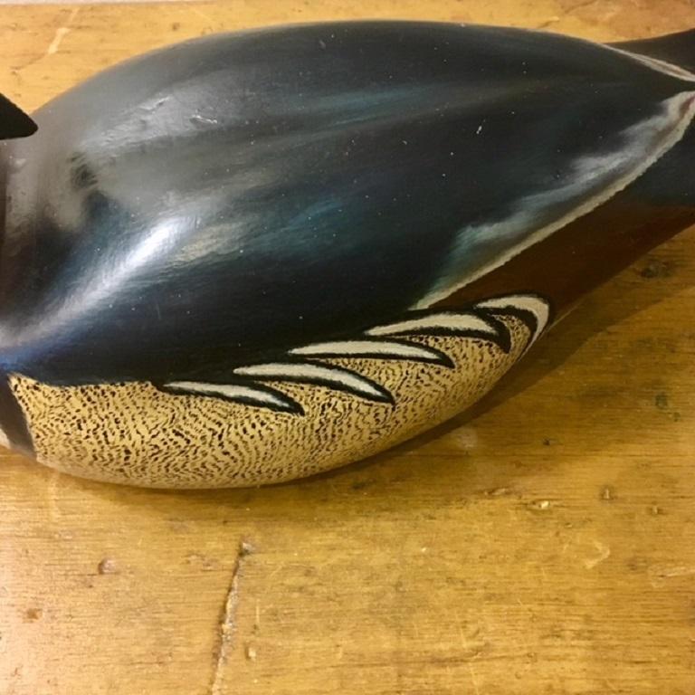 Jean Charles Berruet wood duck Drake decoy, Nantucket, 1976, a scarce carved and polychromed duck decoy by Jean Charles Berruet, former owner and head chef of the famous Chanticleer Restaurant on Nantucket Island. Jean Charles was a noted, award