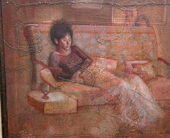 Jean-Charles Bouloc mix oil/collage on canvas of girl, French-Tahitian artist.