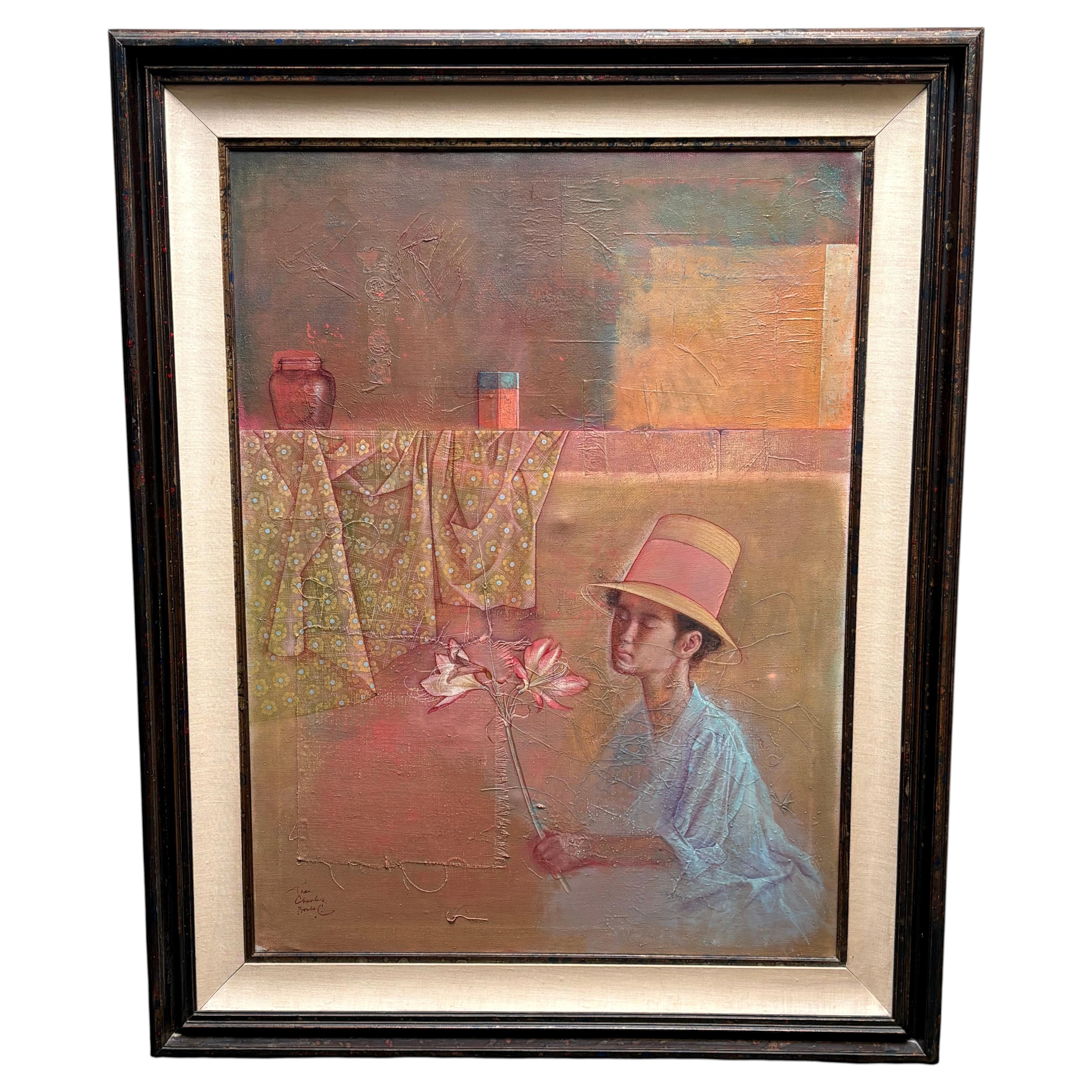 Jean Charles Bouloc oil painting on canvas person with flowers. French-Tahitian