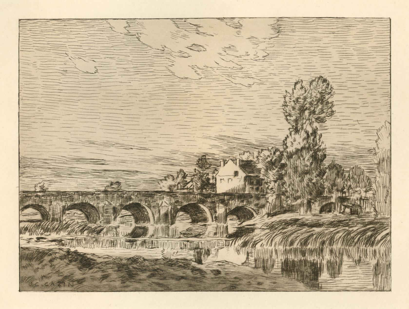 "Le Pont de Pierre" original etching - Print by Jean-Charles Cazin