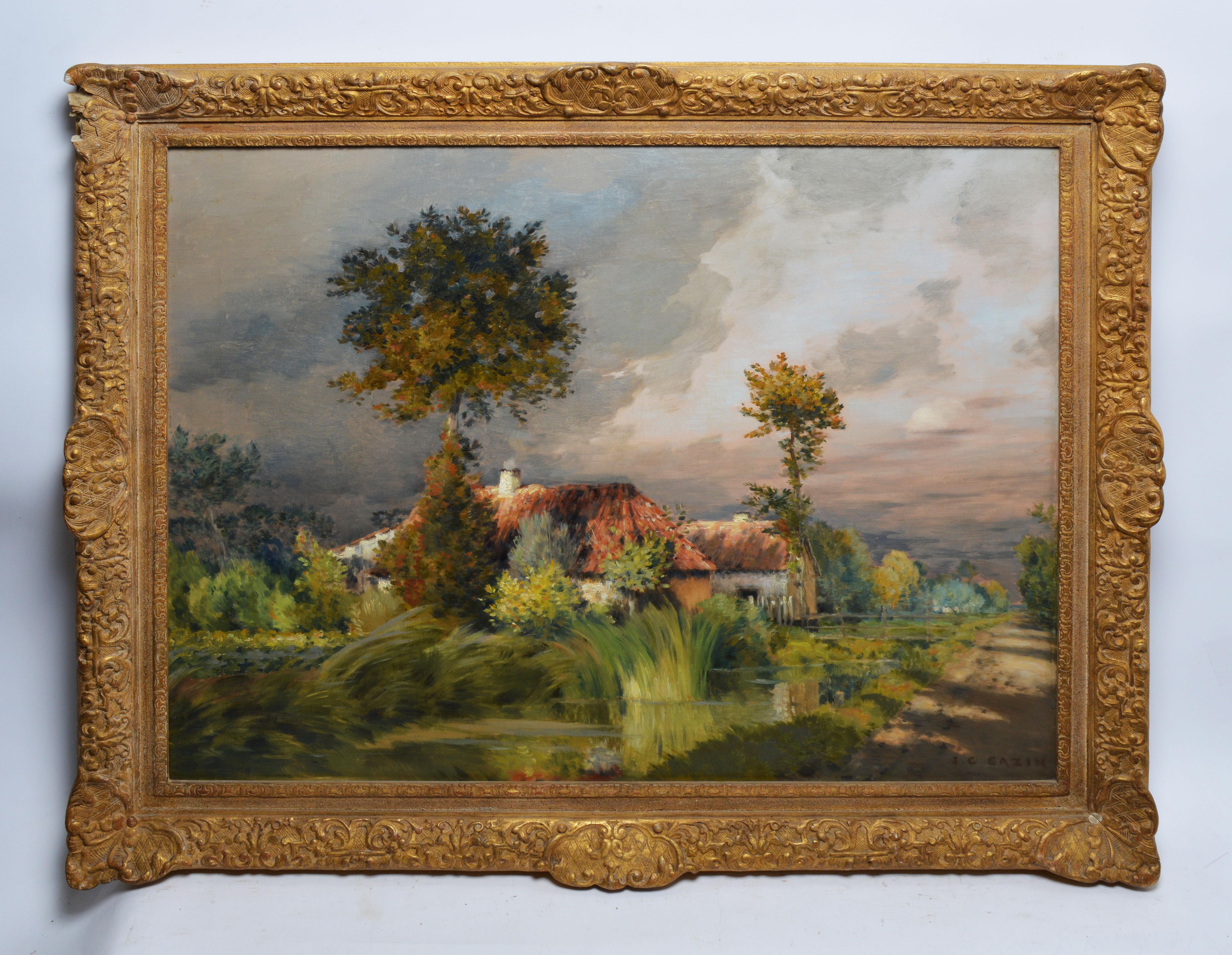 Barbizon landscape by Jean Charles Cazin  (1841 - 1901).  Oil on canvas, circa 1880.  Signed lower right.  Displayed in a giltwood frame.  Image size, 32