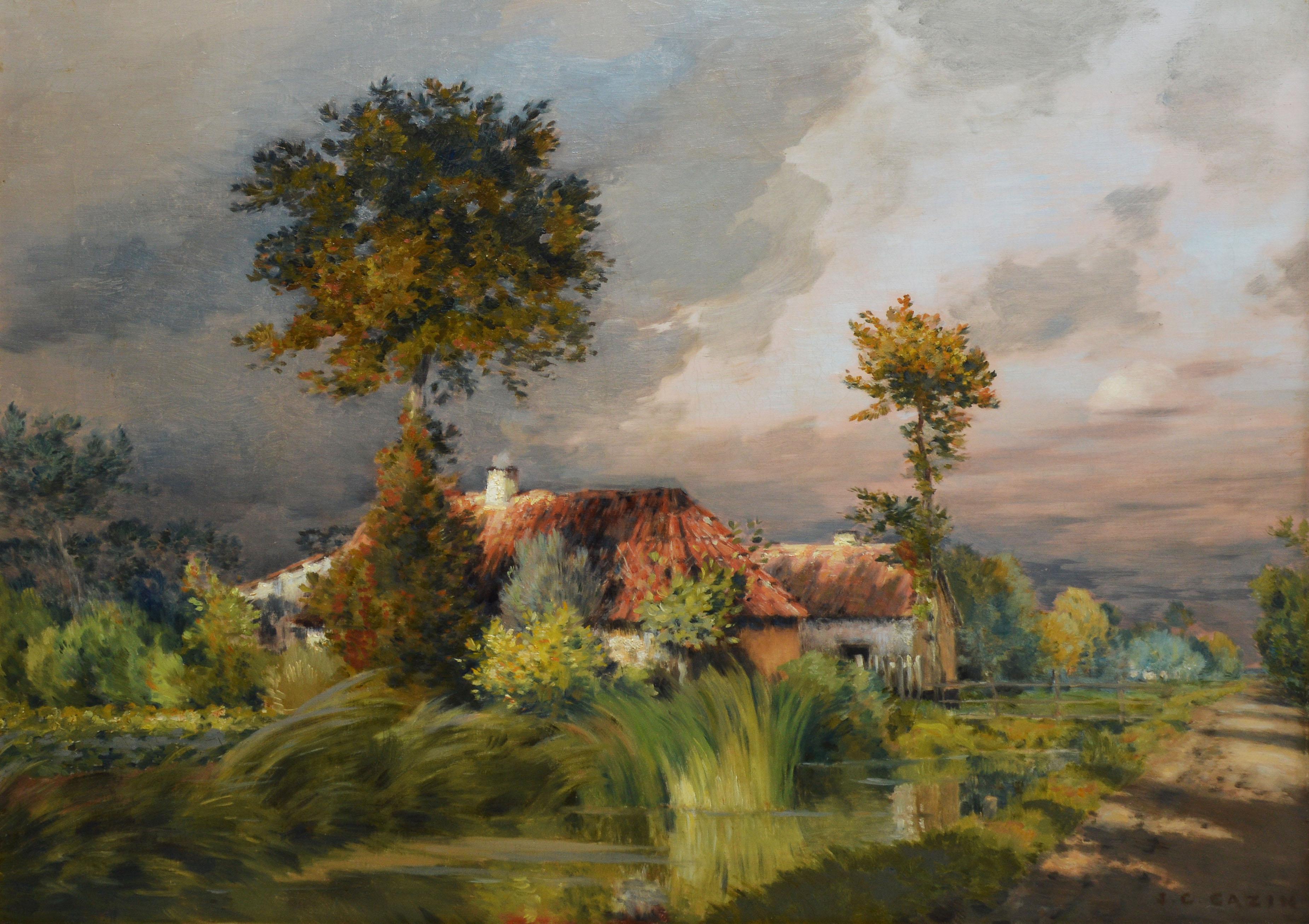 Antique Barbizon Sunset Landscape Signed Oil Painting by Jean Charles Cazin 1