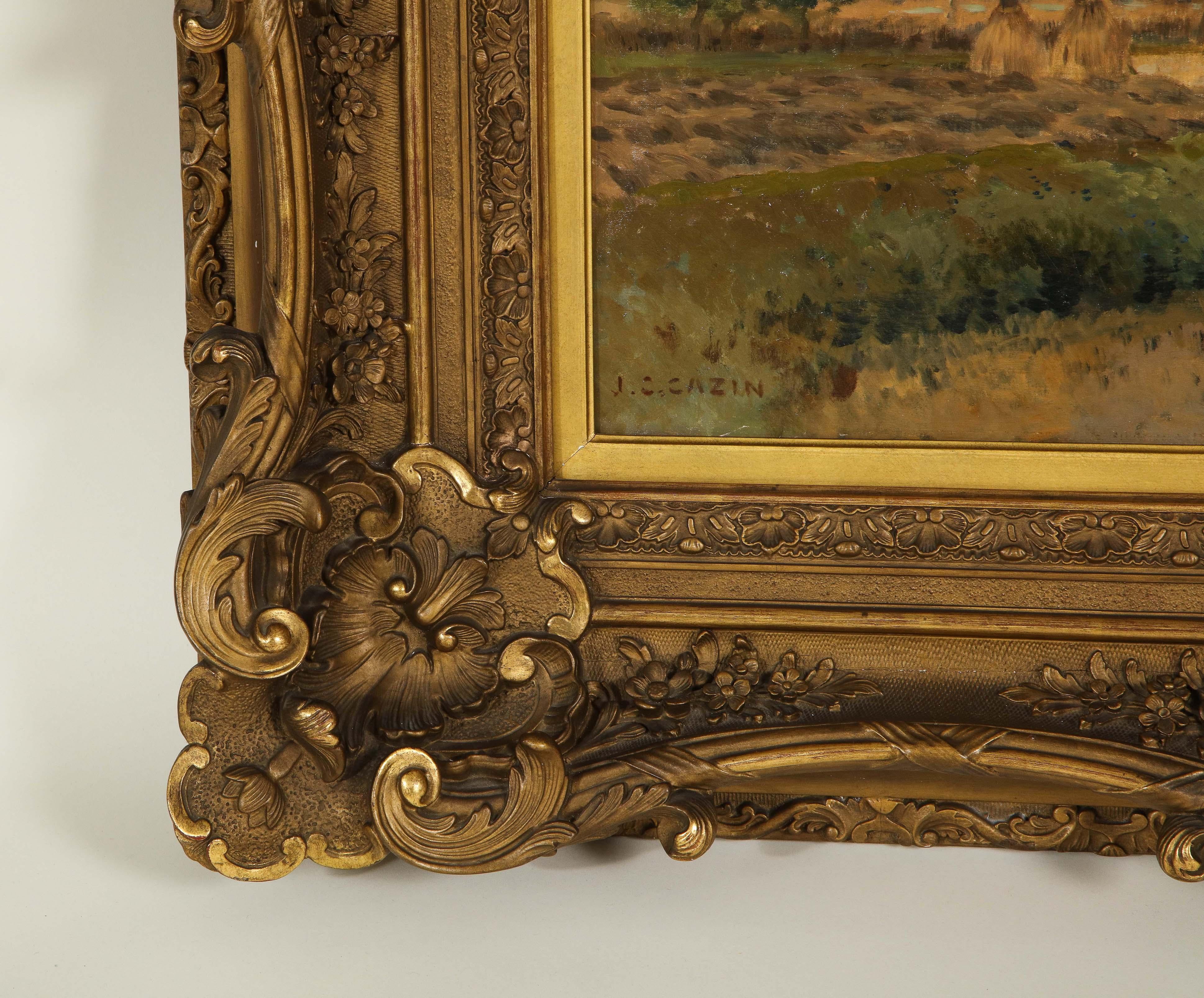 Huile sur toile
Signé en bas à gauche
Dans un cadre en bois doré richement sculpté. Notez que les dimensions ne comprennent pas le cadre.

Représentation d'un coucher de soleil lumineux sur un champ de meules de foin.

Jean Charles Cazin (français,