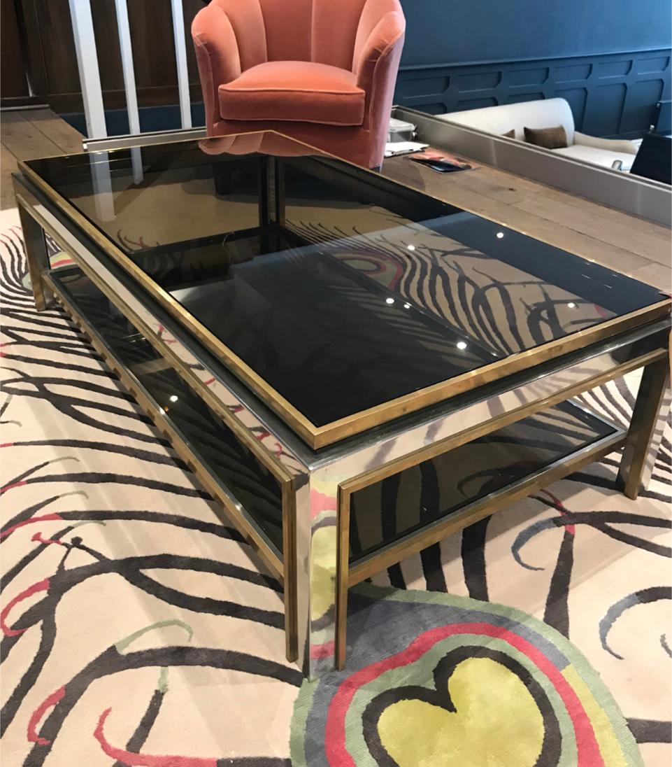 A Jean Charles 1970s polished chrome and brass Coffee Table with smoked glass  6