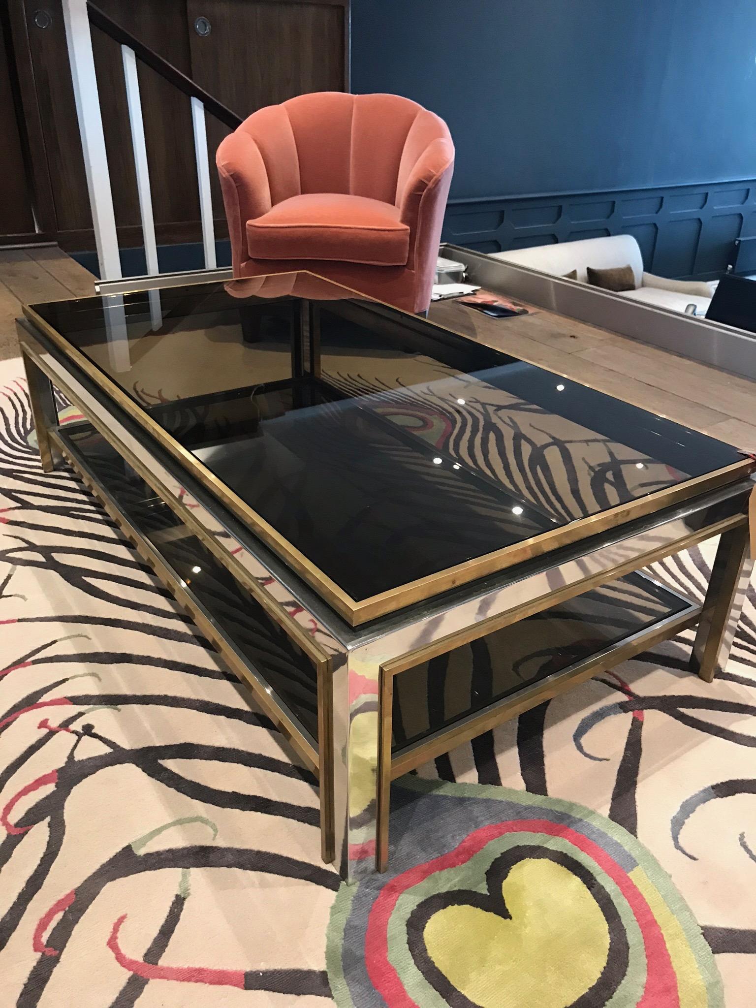 Polished A Jean Charles 1970s polished chrome and brass Coffee Table with smoked glass 