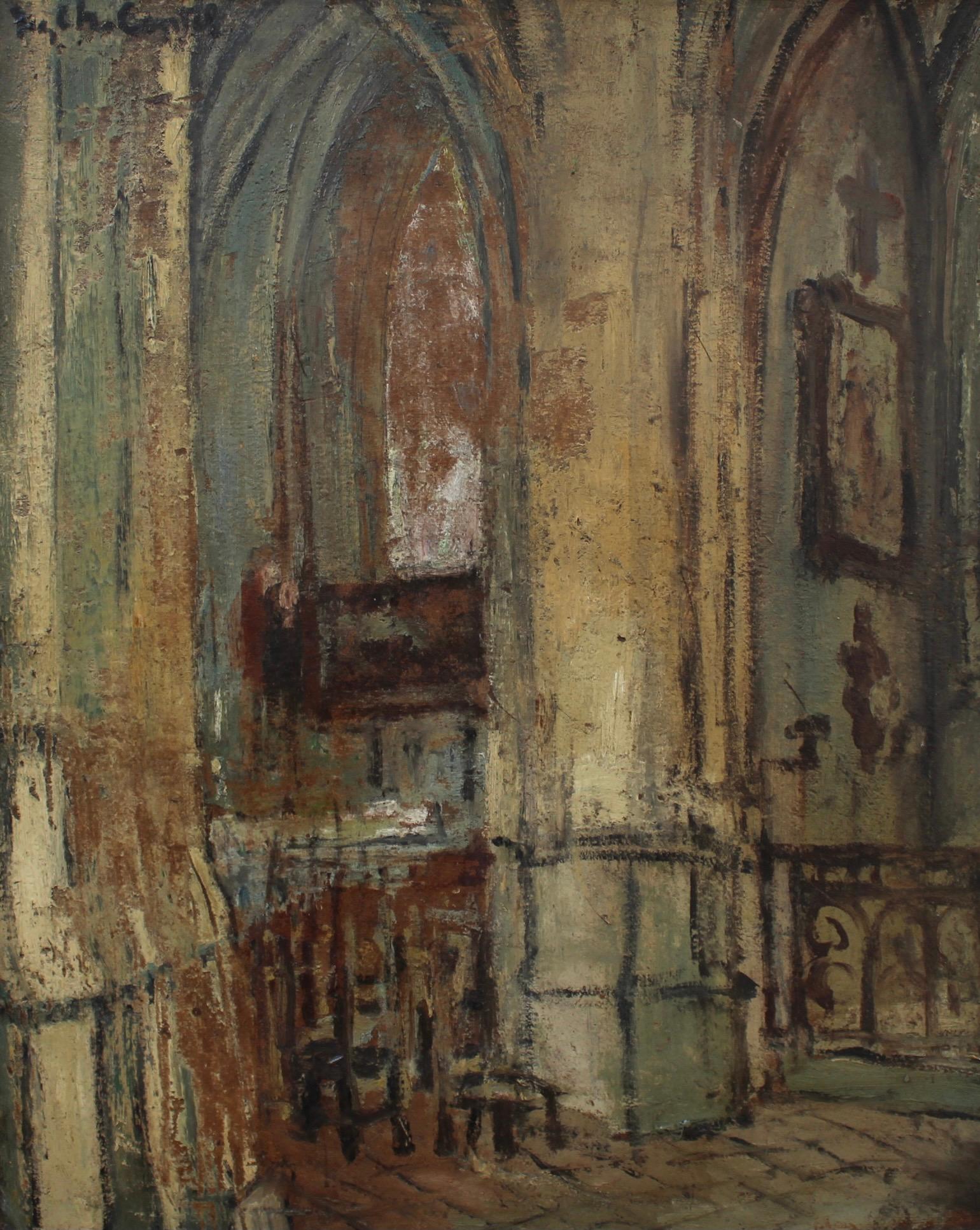Church Interior - Brown Interior Painting by Jean-Charles Contel