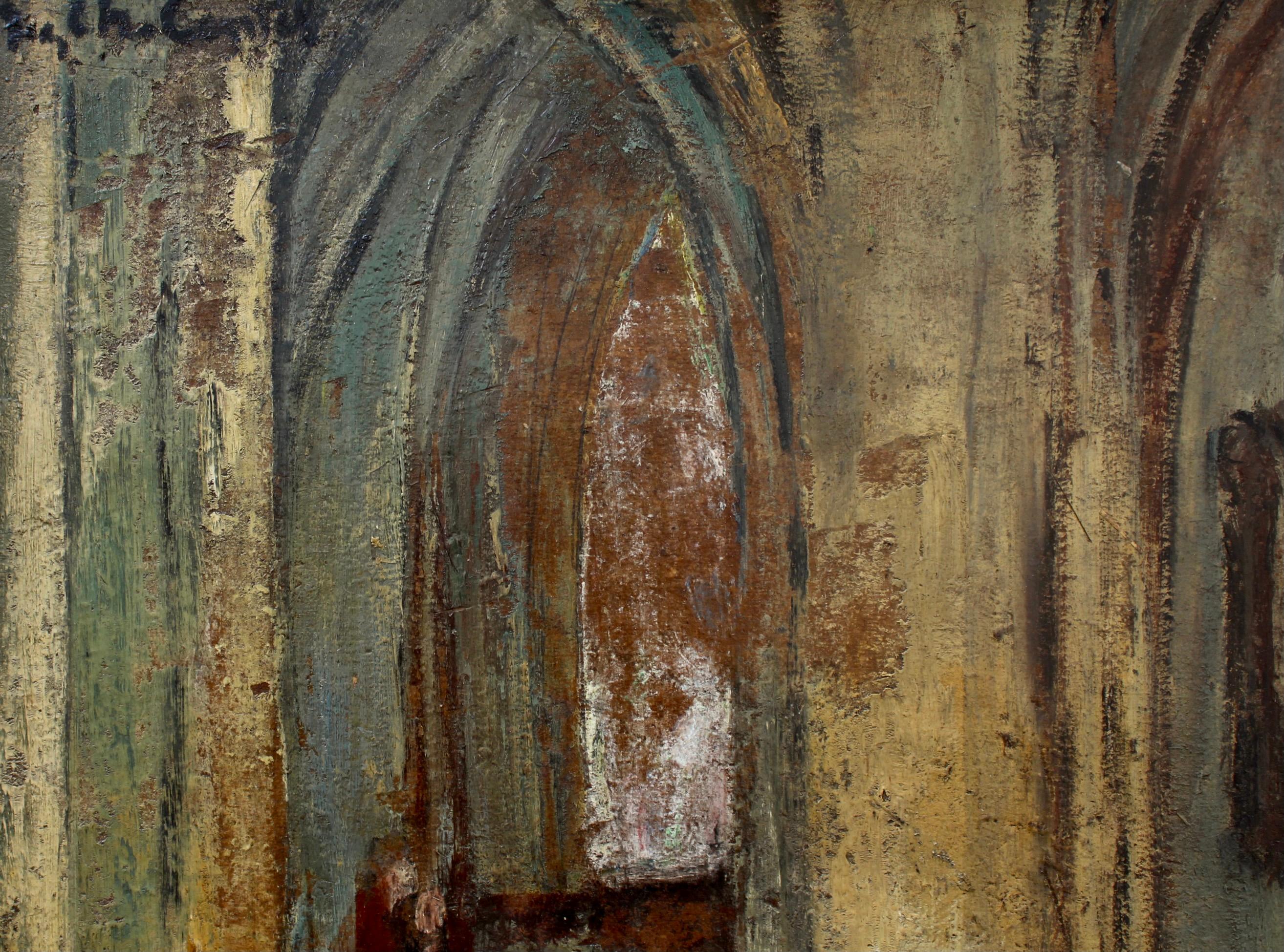 'Church Interior', oil on board, by Jean-Charles Contel (circa 1920s). The artist has exquisitely captured the church's aura and character in his depiction of the cold stone floors, the ancient columns and arches as well as the railings of this
