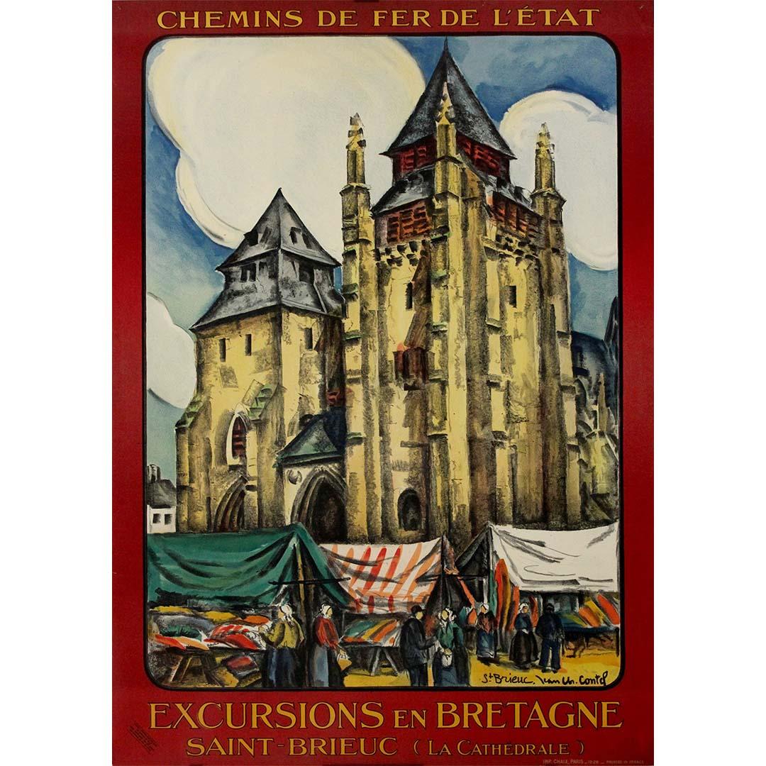 This 1926 original travel poster by French illustrator Ch. Jean Contel transforms the gothic solemnity of Saint-Brieuc Cathedral into a vibrant cultural heartbeat, framed by the daily bustle of a Breton market square. Commissioned by the Chemins de