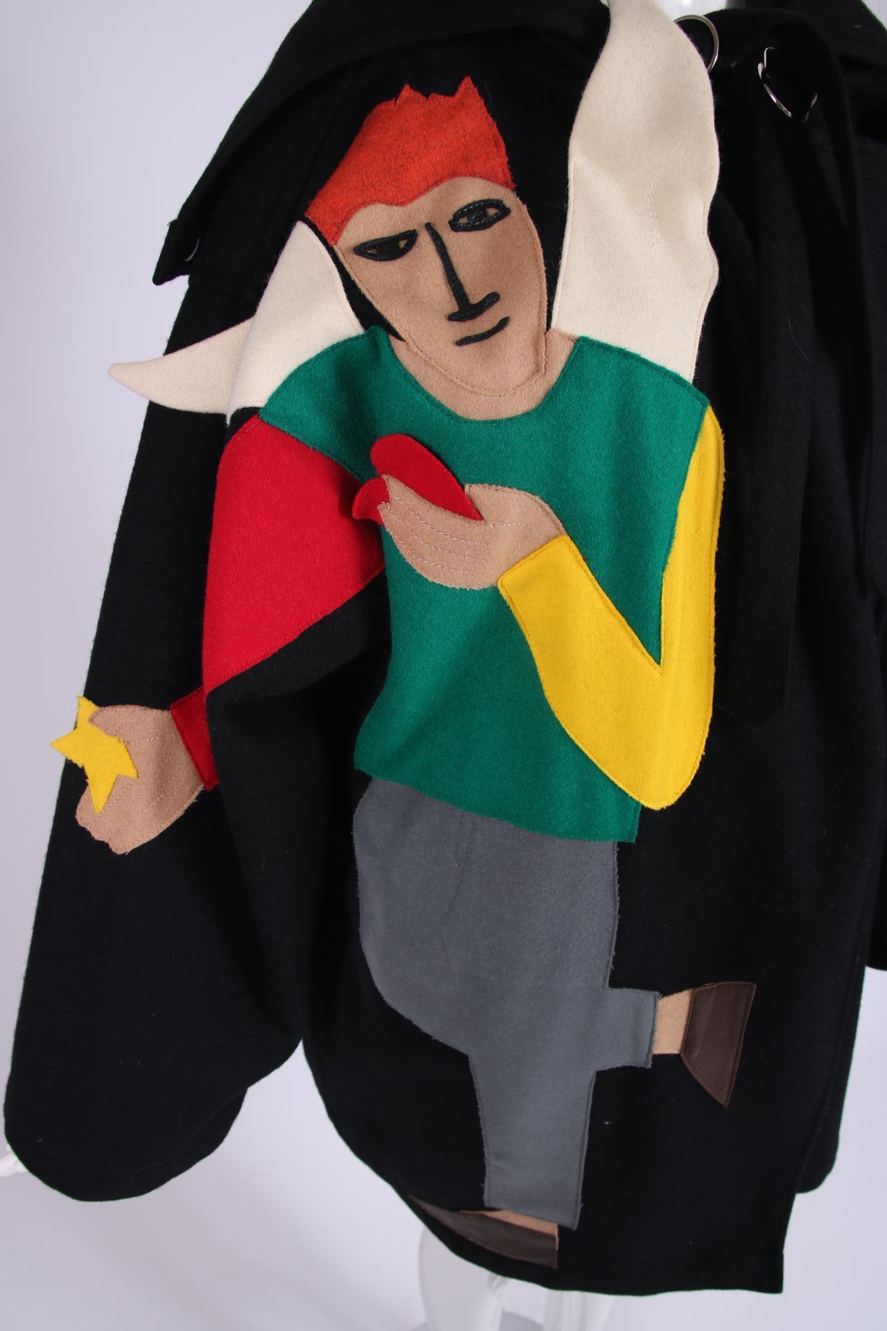 Jean-Charles de Castelbajac Black Melton Wool Coat W/Felted Winged Man  In Excellent Condition For Sale In Studio City, CA