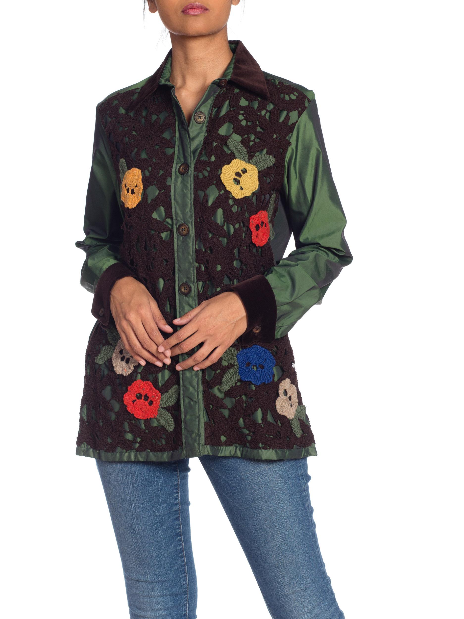 2000S JEAN CHARLES DE CASTELBAJAC Olive Green Nylon Shirt With Floral Crochet F 3