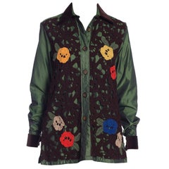 2000S JEAN CHARLES DE CASTELBAJAC Olive Green Nylon Shirt With Floral Crochet F