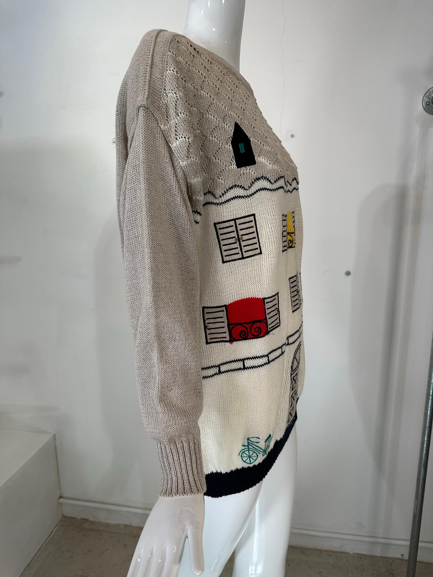 Gray Jean-Charles de Castelbajac Linen Knit Applique Charming House with Cat Sweater  For Sale