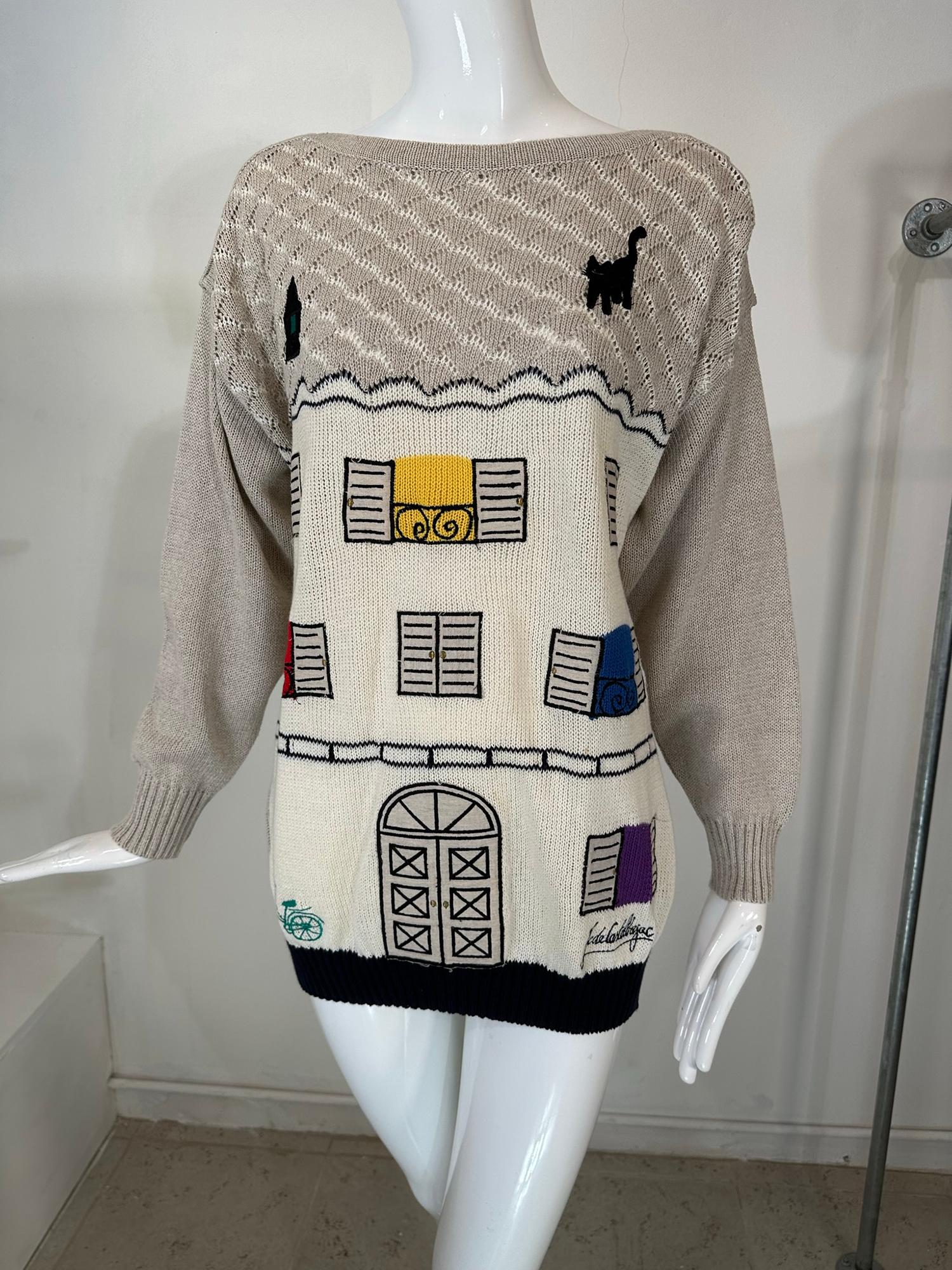 Jean-Charles de Castelbajac Linen Knit Applique Charming House with Cat Sweater  For Sale 4